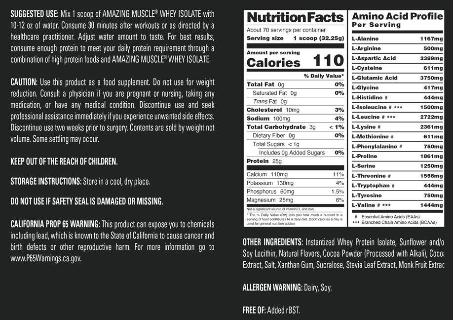 Amazing Muscle Whey Protein Isolate Powder | 25 G per Serving | 5 LB (2.26 Kg) | Chocolate Flavor | Zero Fat