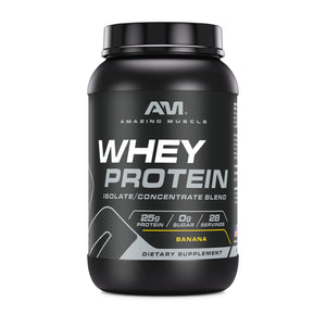 Amazing Muscle Whey Protein Isolate & Concentrate Powder | Banana Flavor | 2 Lb | 25 G Protein per Serving | 28 Servings