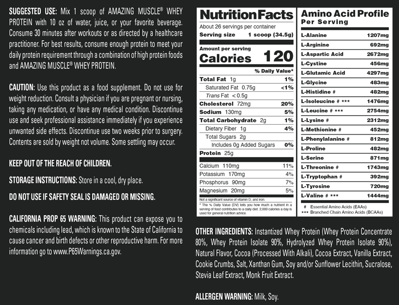 Amazing Muscle Whey Protein Isolate & Concentrate Powder | Cookies & Cream Flavor | 2 Lb | 25 G Protein per Serving | 26 Servings