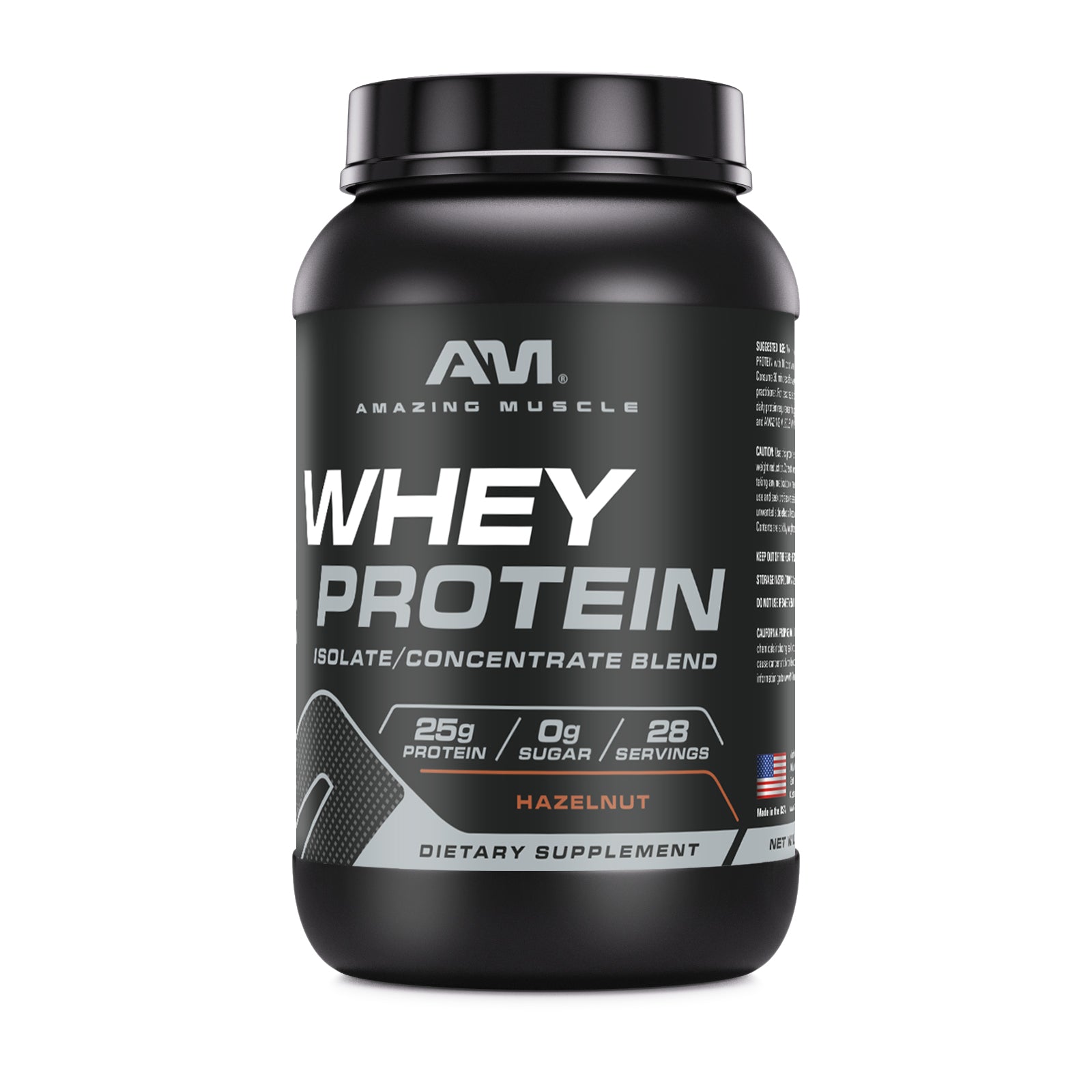 Amazing Muscle Whey Protein Isolate & Concentrate Powder | Hazelnut Flavor | 2 Lb | 25 G Protein per Serving | 28 Servings