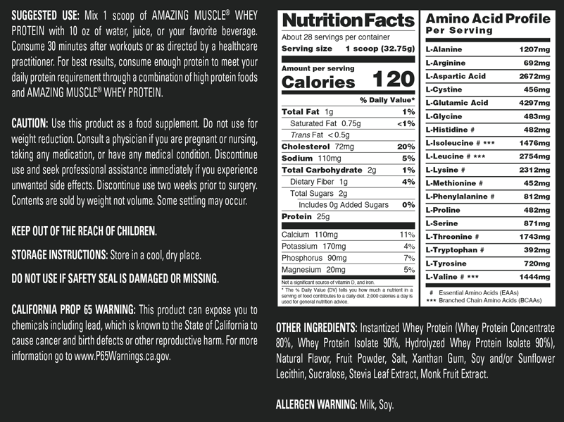 Amazing Muscle Whey Protein Isolate & Concentrate Powder | Strawberry Flavor | 2 Lb | 25 G Protein per Serving | 28 Servings