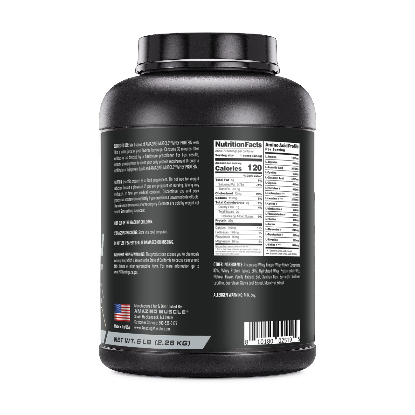 Amazing Muscle Whey Protein Isolate & Concentrate Powder | Vanilla Flavor | 5 Lb | 25 G Protein per Serving | 70 Servings