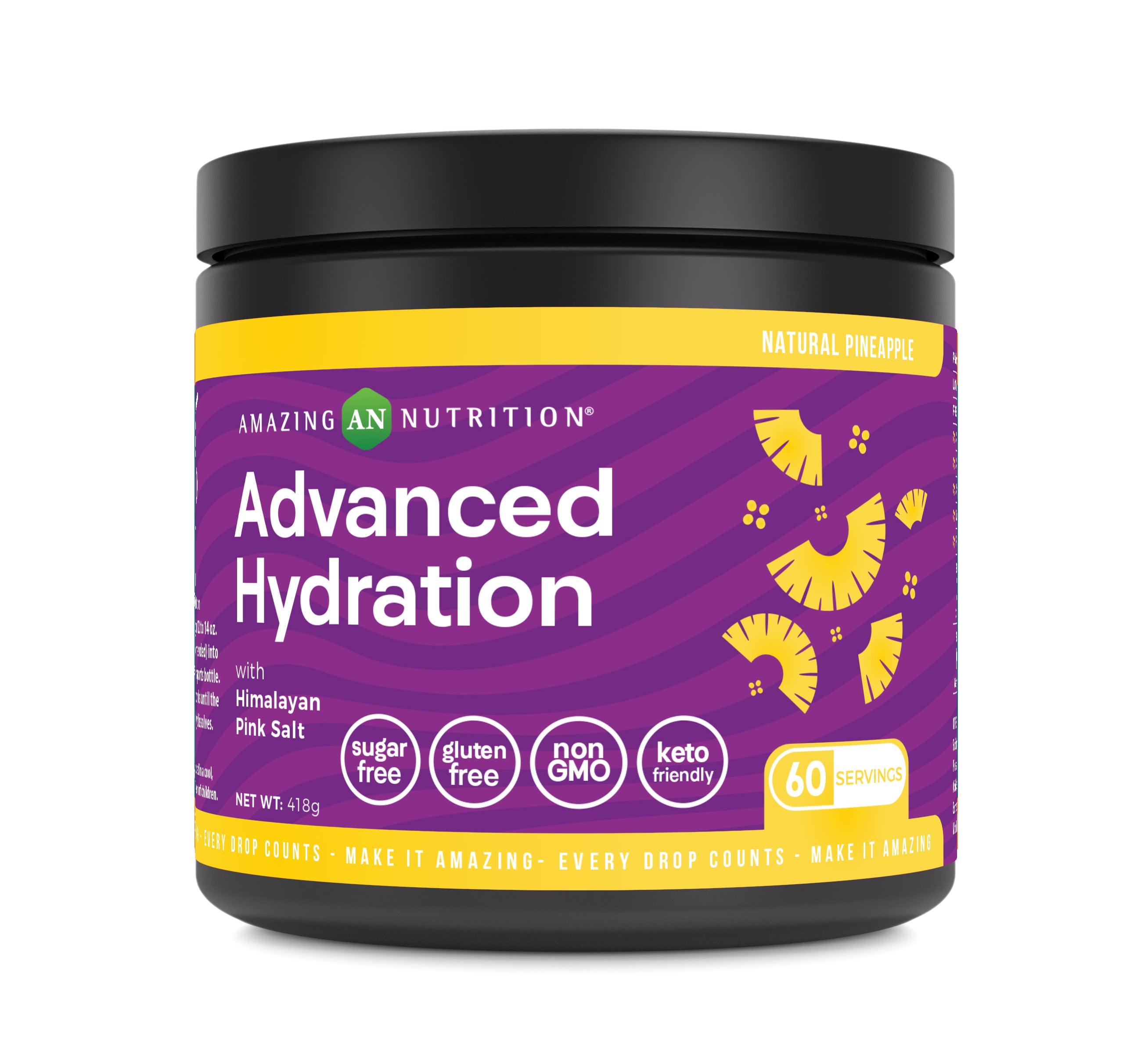 Amazing Nutrition Advanced Hydration Electrolyte Powder | 418 G (60 Servings) | Pineapple Flavor | Packed with Essential Minerals | Sugar-Free | Keto Friendly