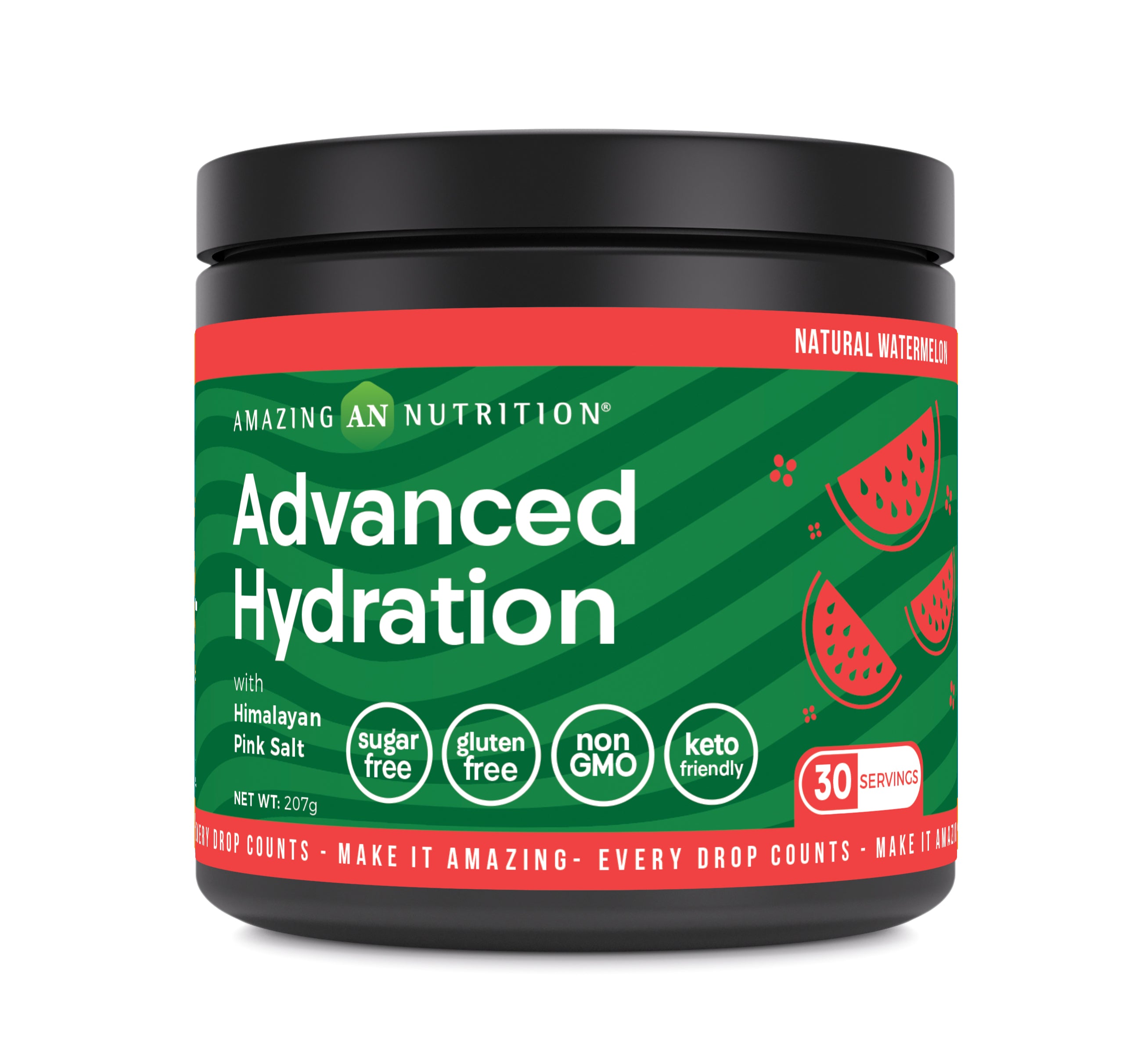 Amazing Nutrition Advanced Hydration Electrolyte Powder | 207 G (30 Servings) | Watermelon Flavor | Packed with Essential Minerals | Sugar-Free | Keto Friendly