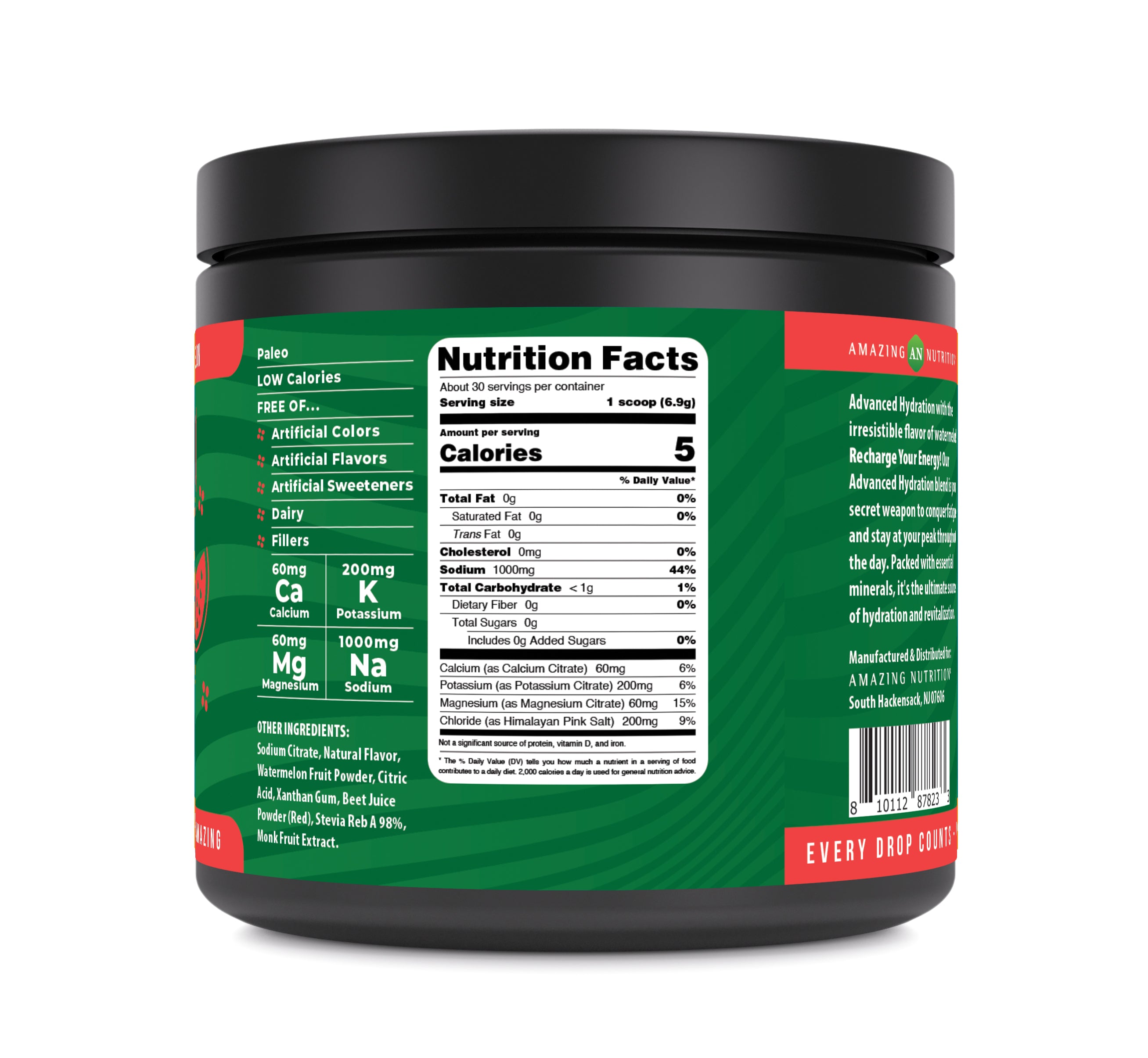 Amazing Nutrition Advanced Hydration Electrolyte Powder | 207 G (30 Servings) | Watermelon Flavor | Packed with Essential Minerals | Sugar-Free | Keto Friendly