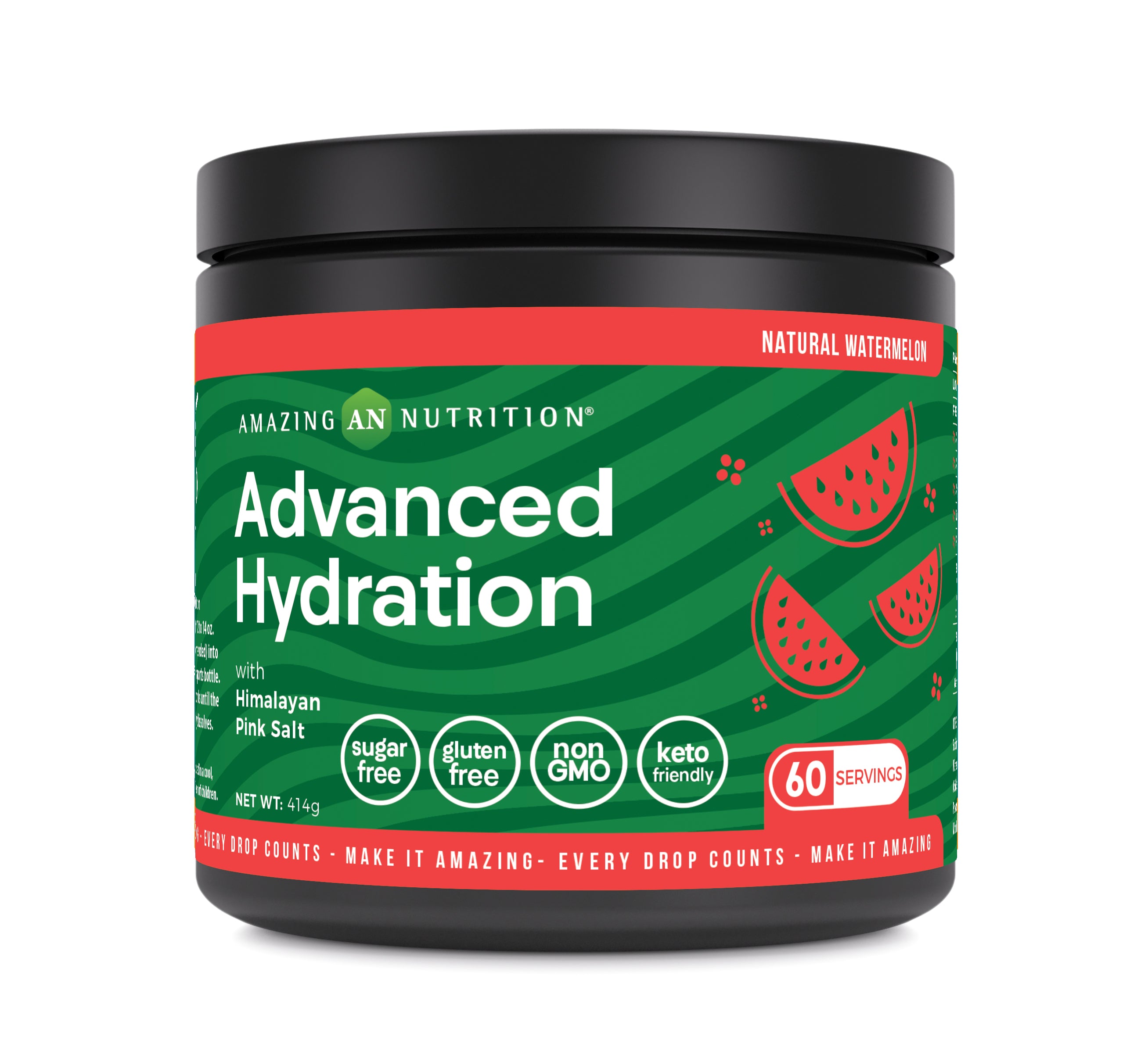 Amazing Nutrition Advanced Hydration Electrolyte Powder | 414 G (60 Servings) | Watermelon Flavor | Packed with Essential Minerals | Sugar-Free | Keto Friendly