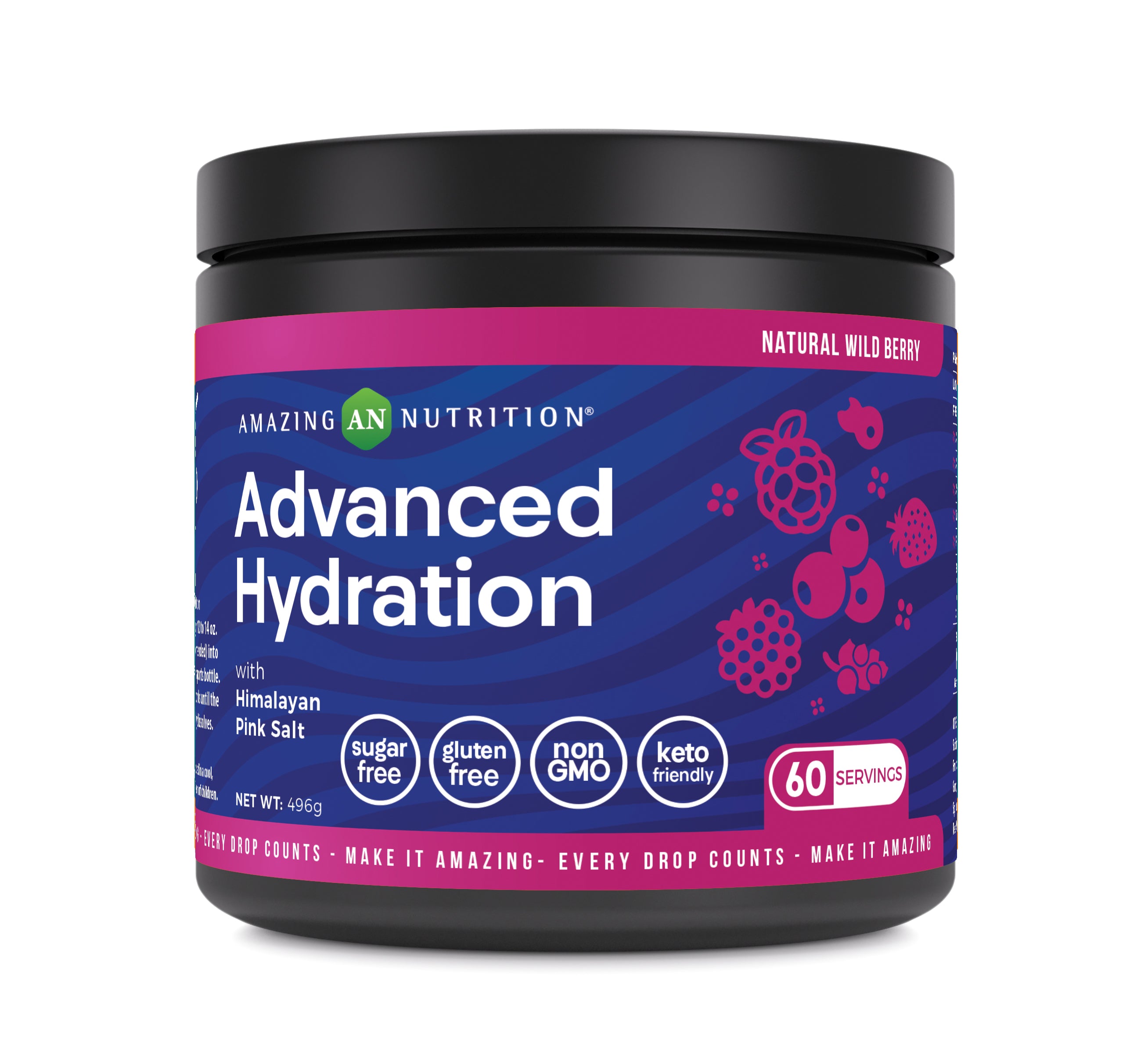 Amazing Nutrition Advanced Hydration Electrolyte Powder | 496 G (60 Servings) | Wild Berry Flavor | Packed with Essential Minerals | Sugar-Free | Keto Friendly