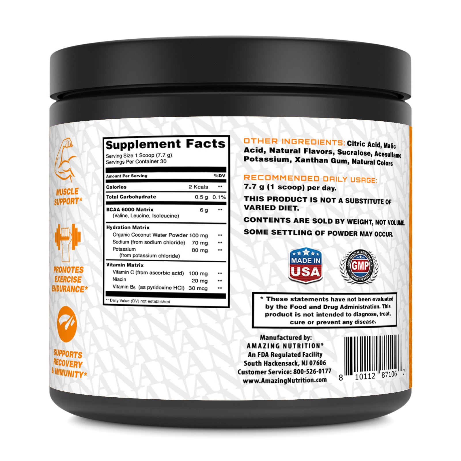 Amazing Nutrition BCAA (Branched Chain Amino Acid) 6000 | 6 Grams BCAA per Serving | 30 Servings (231 G | 8.14 Oz) | Orange Flavor