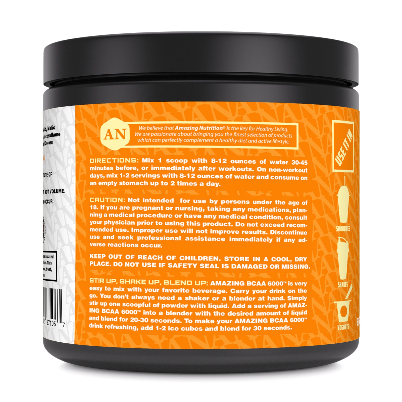 Amazing Nutrition BCAA (Branched Chain Amino Acid) 6000 | 6 Grams BCAA per Serving | 30 Servings (231 G | 8.14 Oz) | Orange Flavor