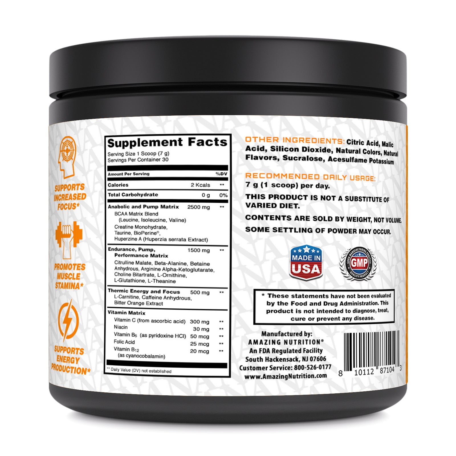 Amazing Nutrition Amazing PRE | Ultimate Pre-Workout | 30 Servings (210 G | 7.4 Oz) | Orange Flavor