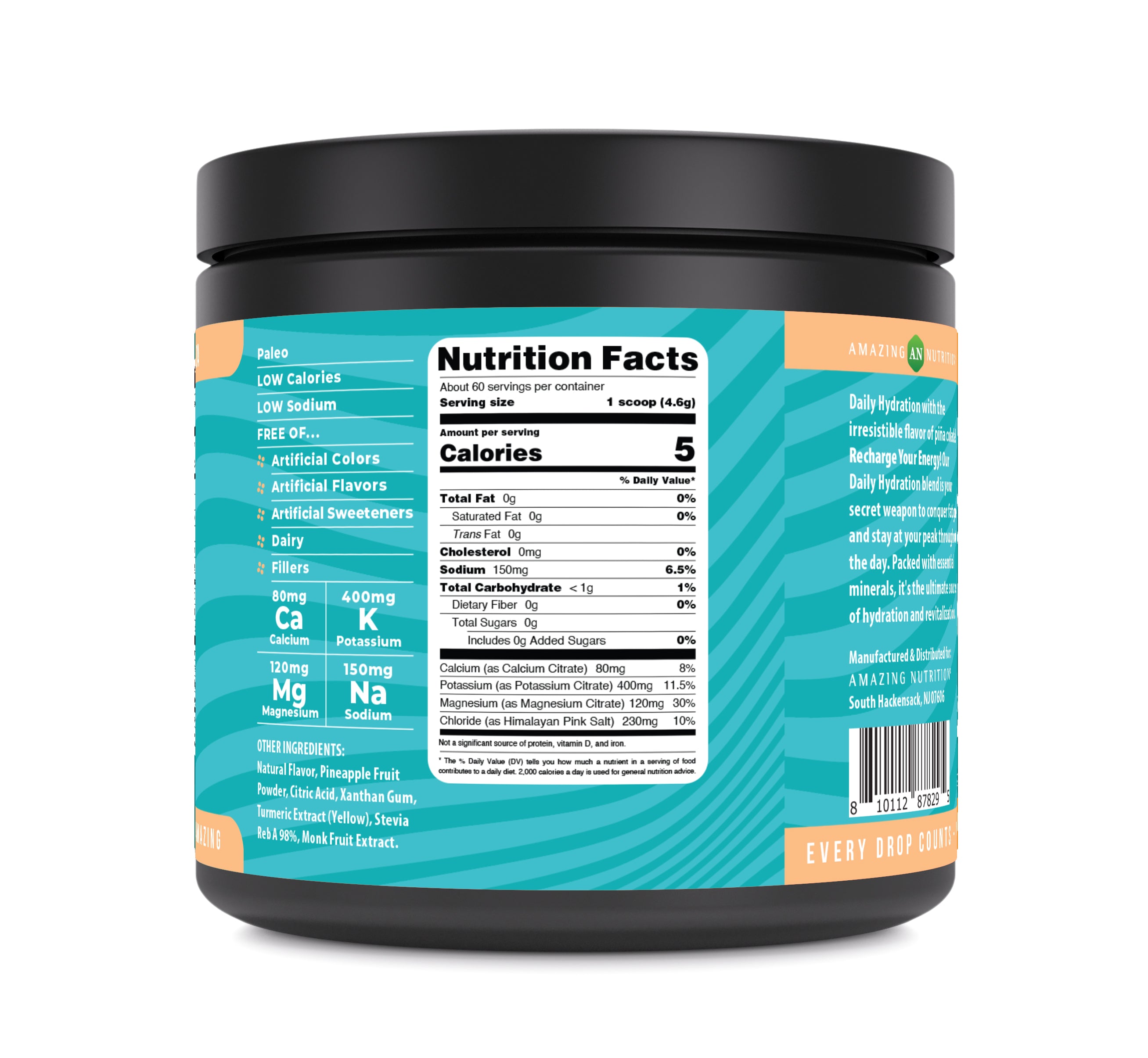 Amazing Nutrition Daily Hydration Electrolyte Powder 60 Servings | Pina Colada Flavor | Packed with Essential Minerals | Sugar-Free | Keto Friendly