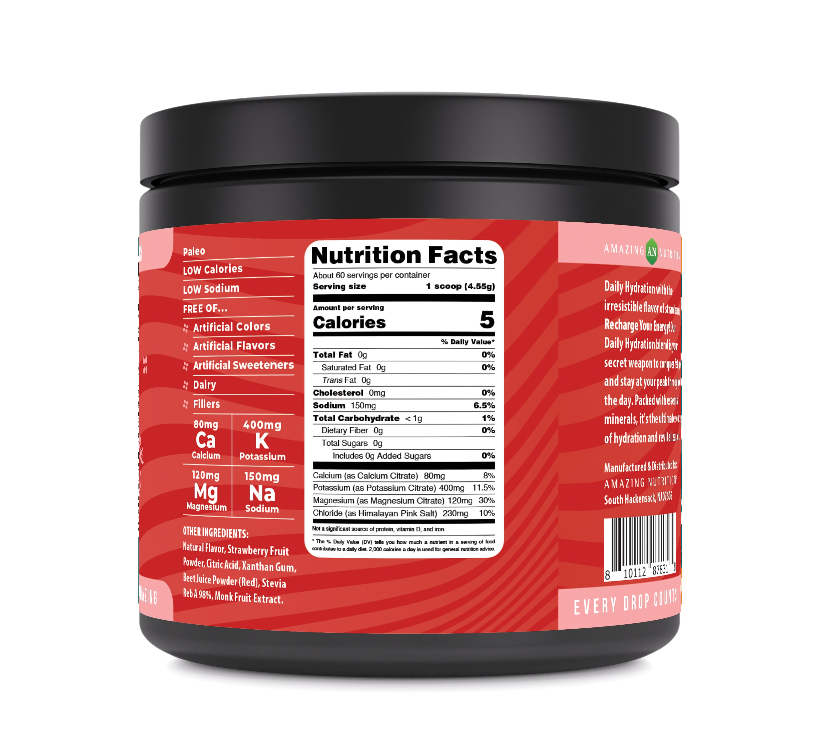 Amazing Nutrition Daily Hydration Electrolyte Powder 60 Servings | Strawberry Flavor | Packed with Essential Minerals | Sugar-Free | Keto Friendly