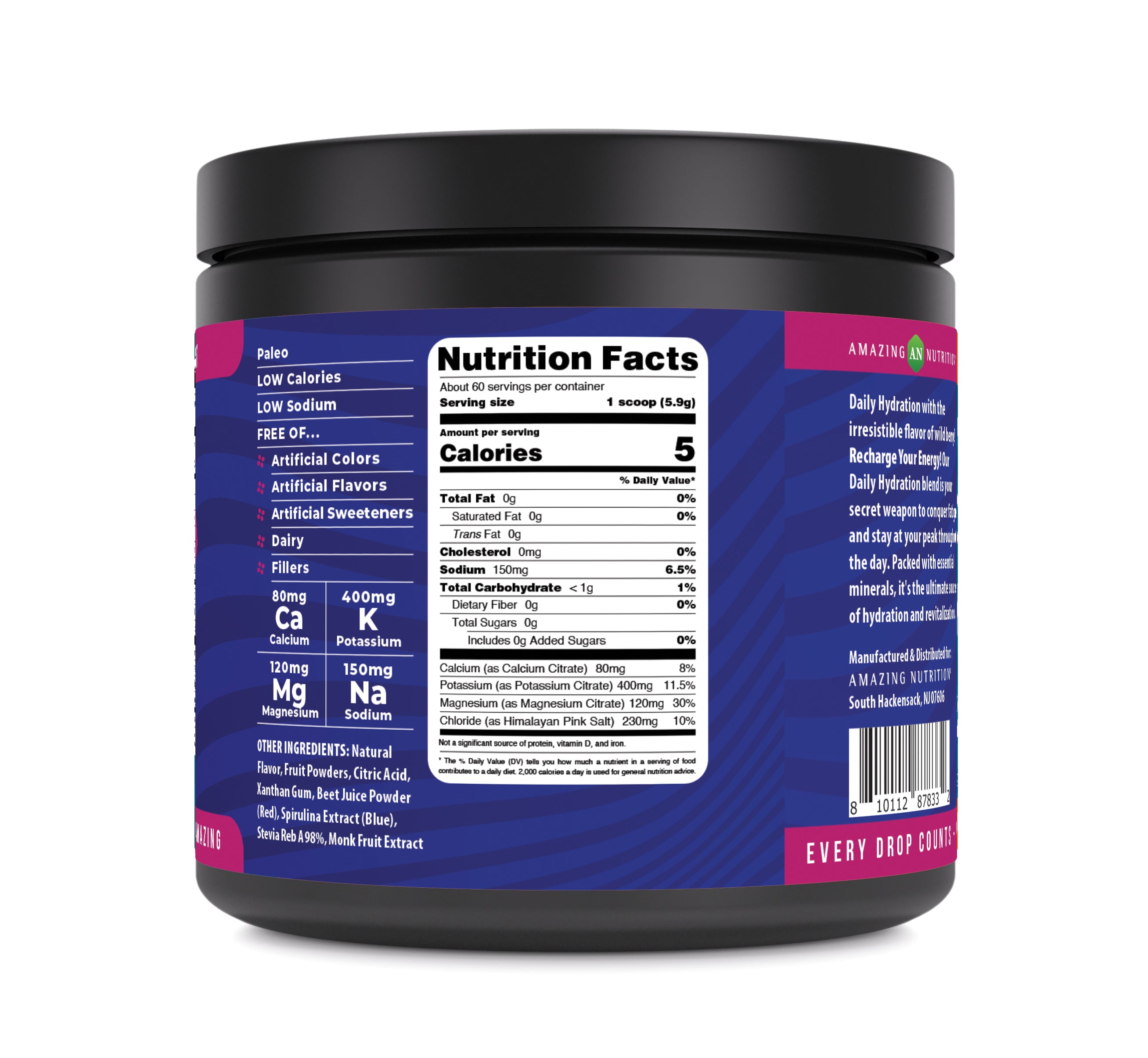 Amazing Nutrition Daily Hydration Electrolyte Powder 60 Servings | Wild Berry Flavor | Packed with Essential Minerals | Sugar-Free | Keto Friendly