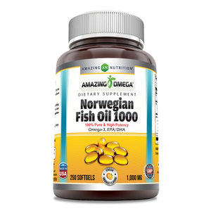 Amazing Omega Norwegian Fish Oil | 1000 Mg | 250 Softgels | Orange Flavor