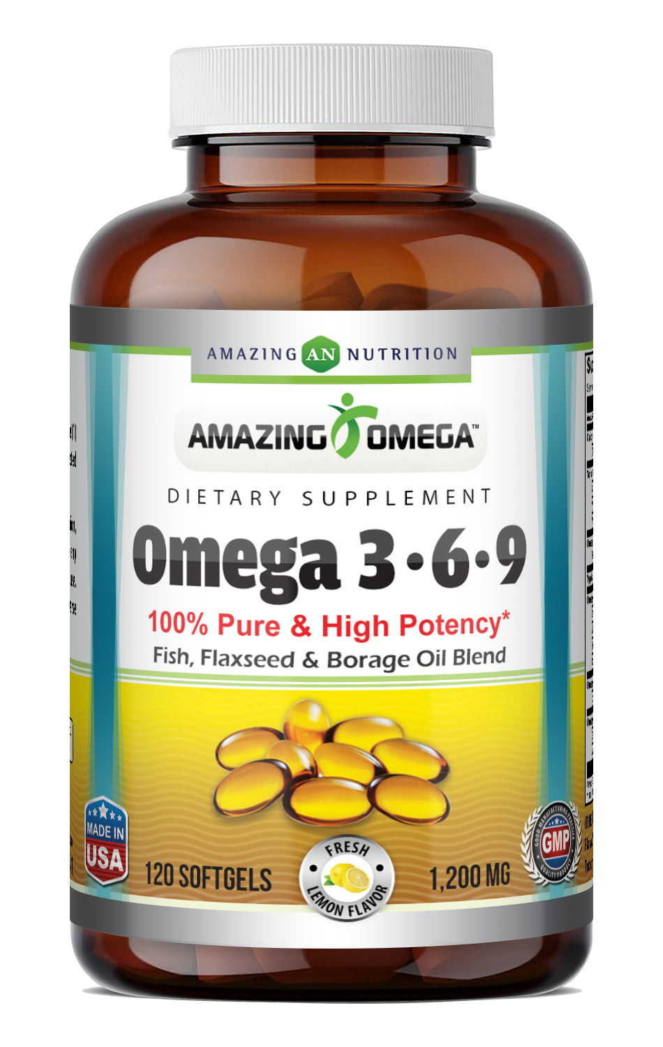 Amazing Omega 3.6.9 3600 Mg per Serving | Lemon Flavor | High & Pure Potency | Fish, Flaxseed & Borage Oil Blend | 120 Softgels