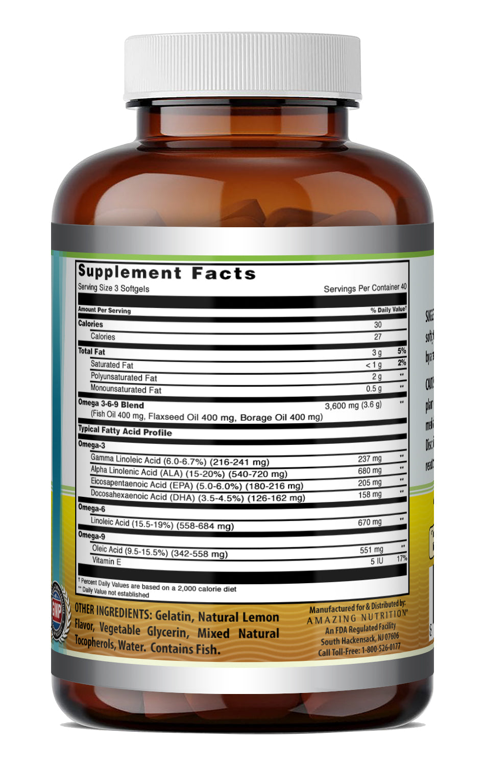 Amazing Omega 3.6.9 3600 Mg per Serving | Lemon Flavor | High & Pure Potency | Fish, Flaxseed & Borage Oil Blend | 120 Softgels