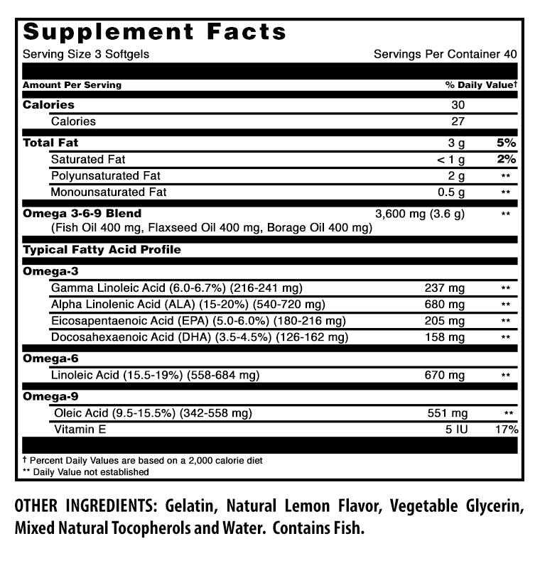 Amazing Omega 3.6.9 3600 Mg per Serving | Lemon Flavor | High & Pure Potency | Fish, Flaxseed & Borage Oil Blend | 120 Softgels