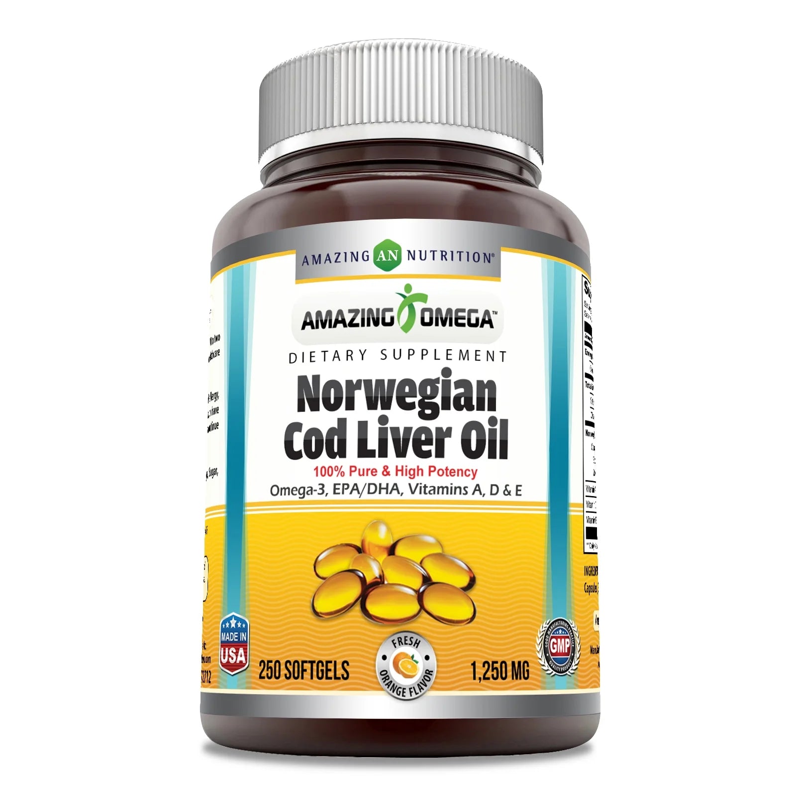 Amazing Omega Norwegian Cod Liver Oil Supplement | 1250 Mg | Orange Flavor (250 Softgels | Non-GMO