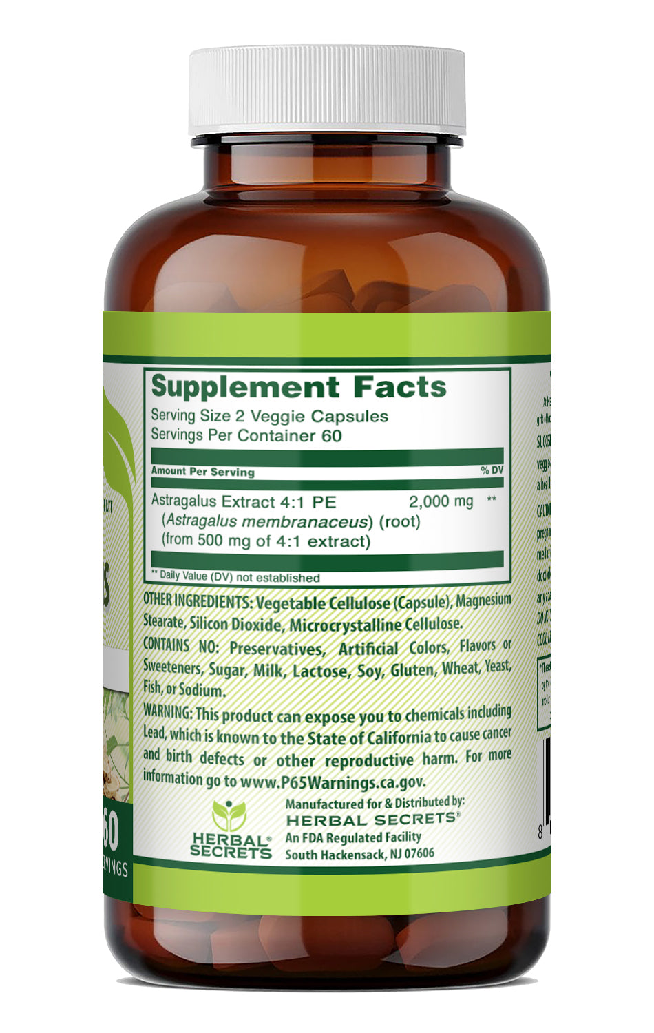 Herbal Secrets Astragalus Extract 2000 Mg per Serving | (from 500 Mg 4:1 Extract) | 120 Veggie Capsules