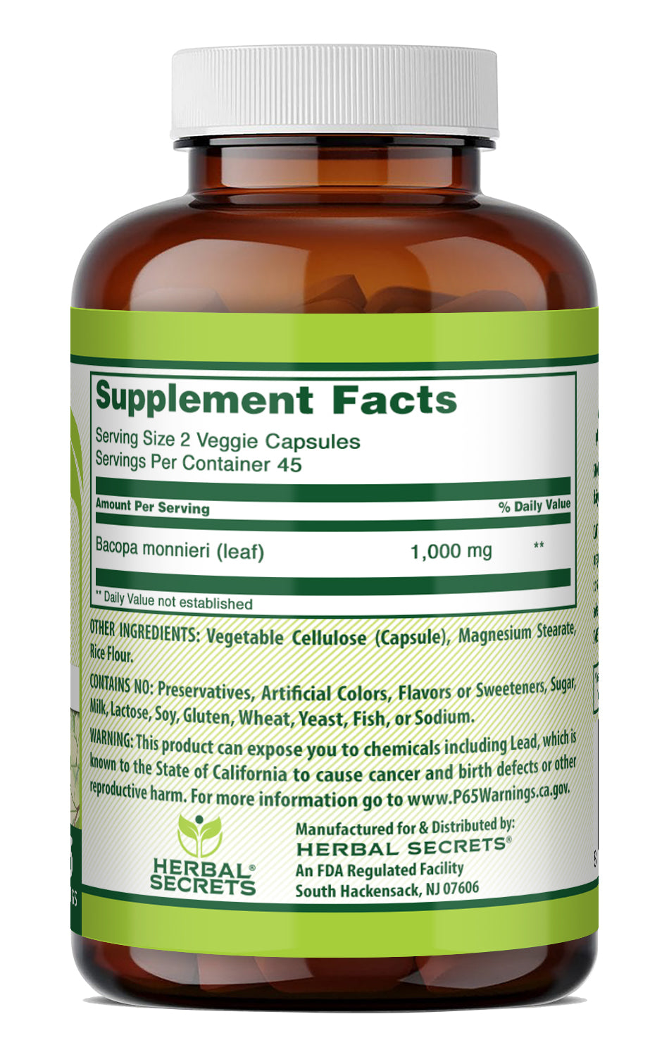 Herbal Secrets Bacopa (Ayurvedic herb) 1000 Mg per Serving | 90 Veggie Capsules