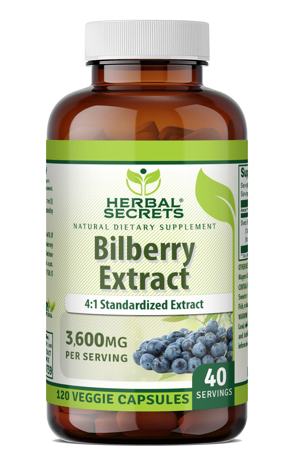 Herbal Secrets Bilberry 3600 Mg per Serving | (4:1 Standardized Extract) | 120 Veggie Capsules