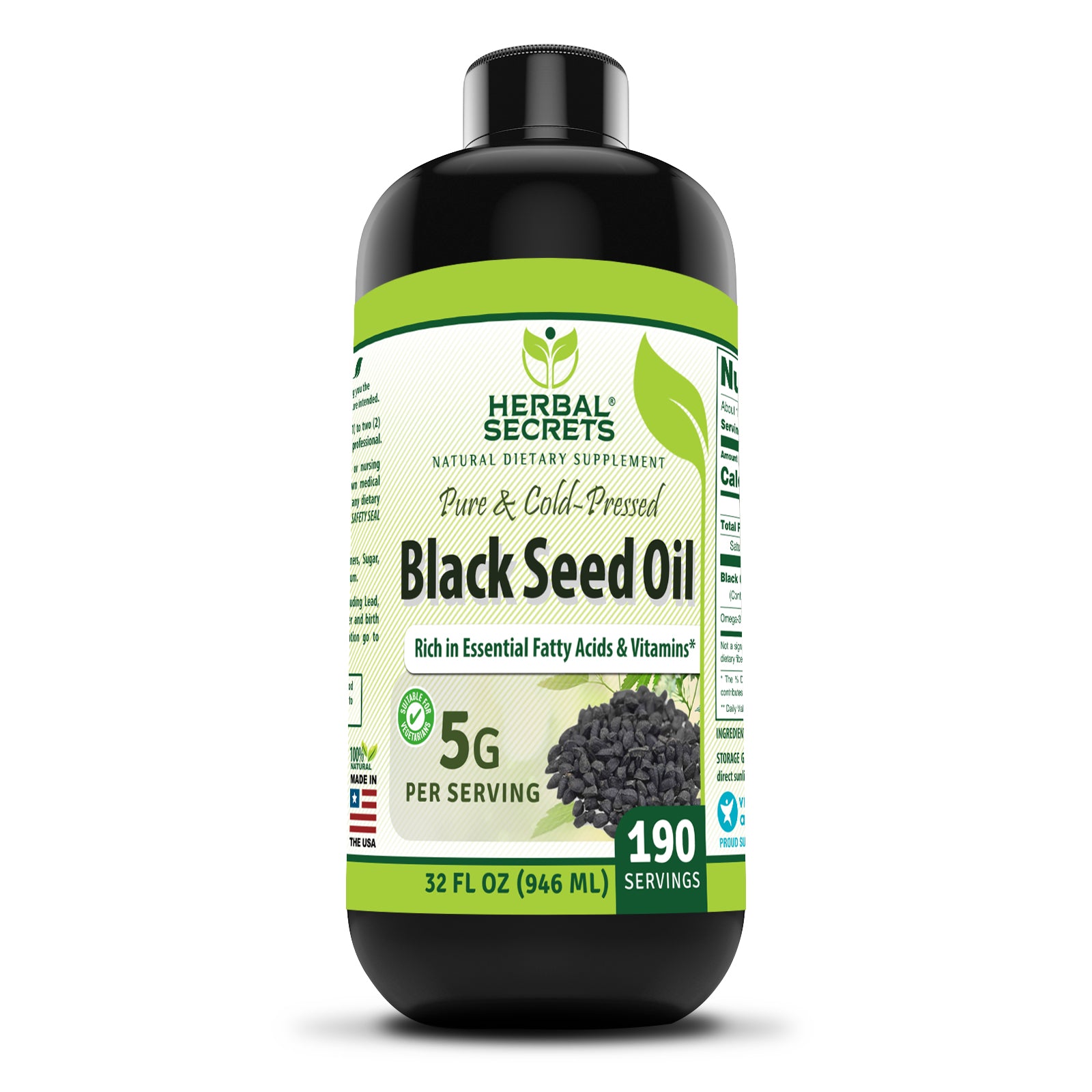 Herbal Secrets Black Seed Oil 5 Grams | Pure & Cold-Pressed (Nigella sativa) | 32 Fl Oz (946 ML)