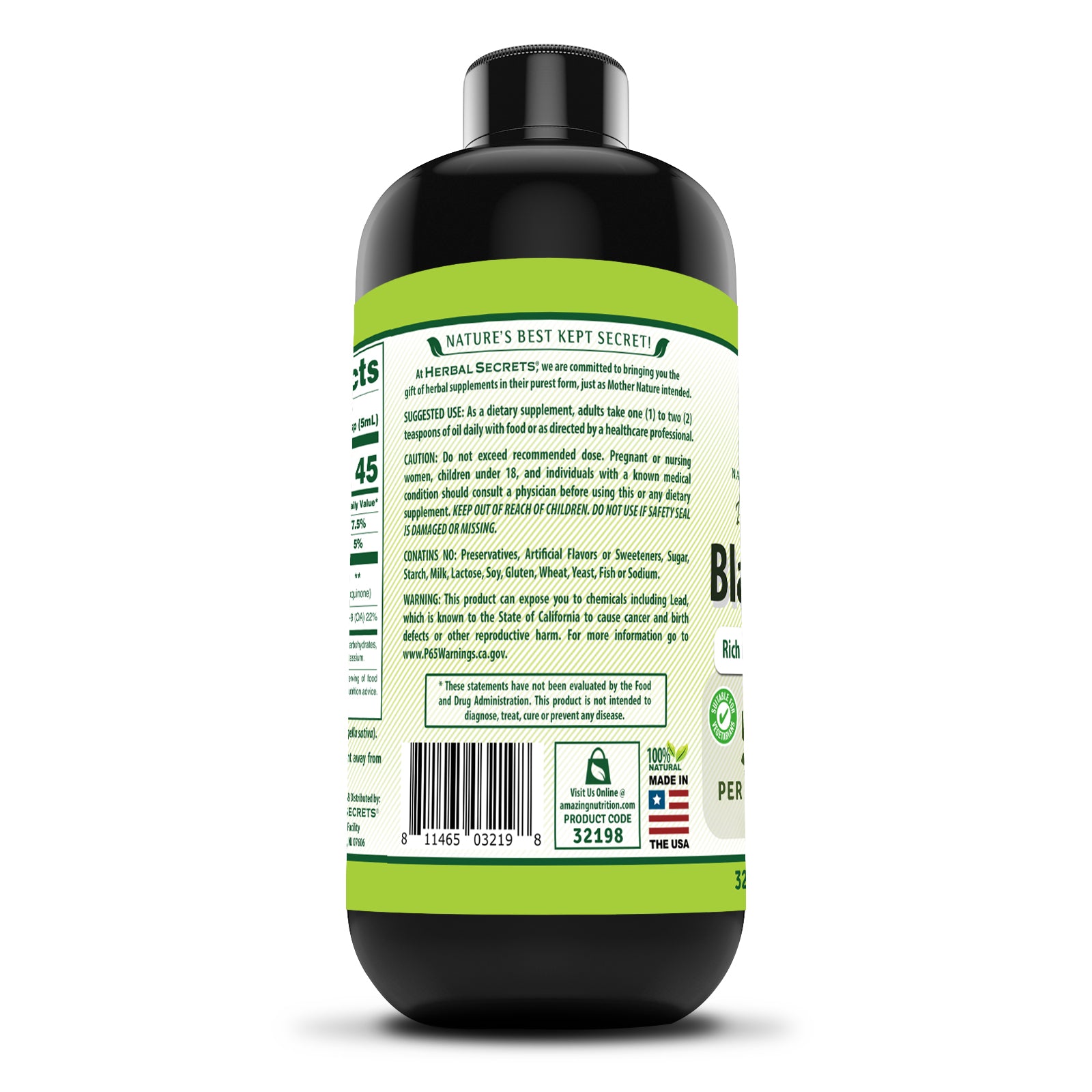 Herbal Secrets Black Seed Oil 5 Grams | Pure & Cold-Pressed (Nigella sativa) | 32 Fl Oz (946 ML)