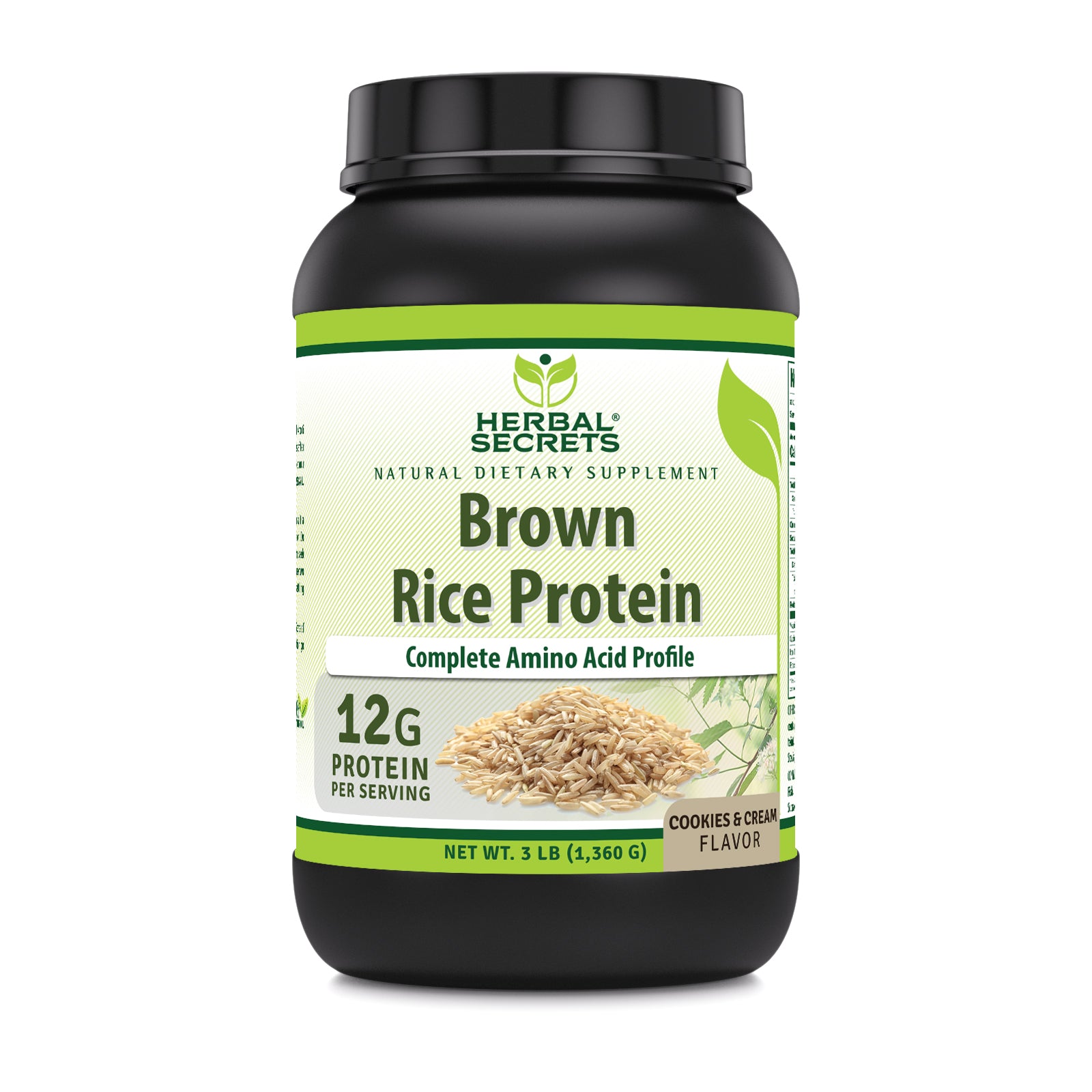 Herbal Secrets Brown Rice Protein Powder 12 Grams per Serving | Cookies & Cream Flavor (3 Lb | 1360 G) | Complete Amino Acid Profile