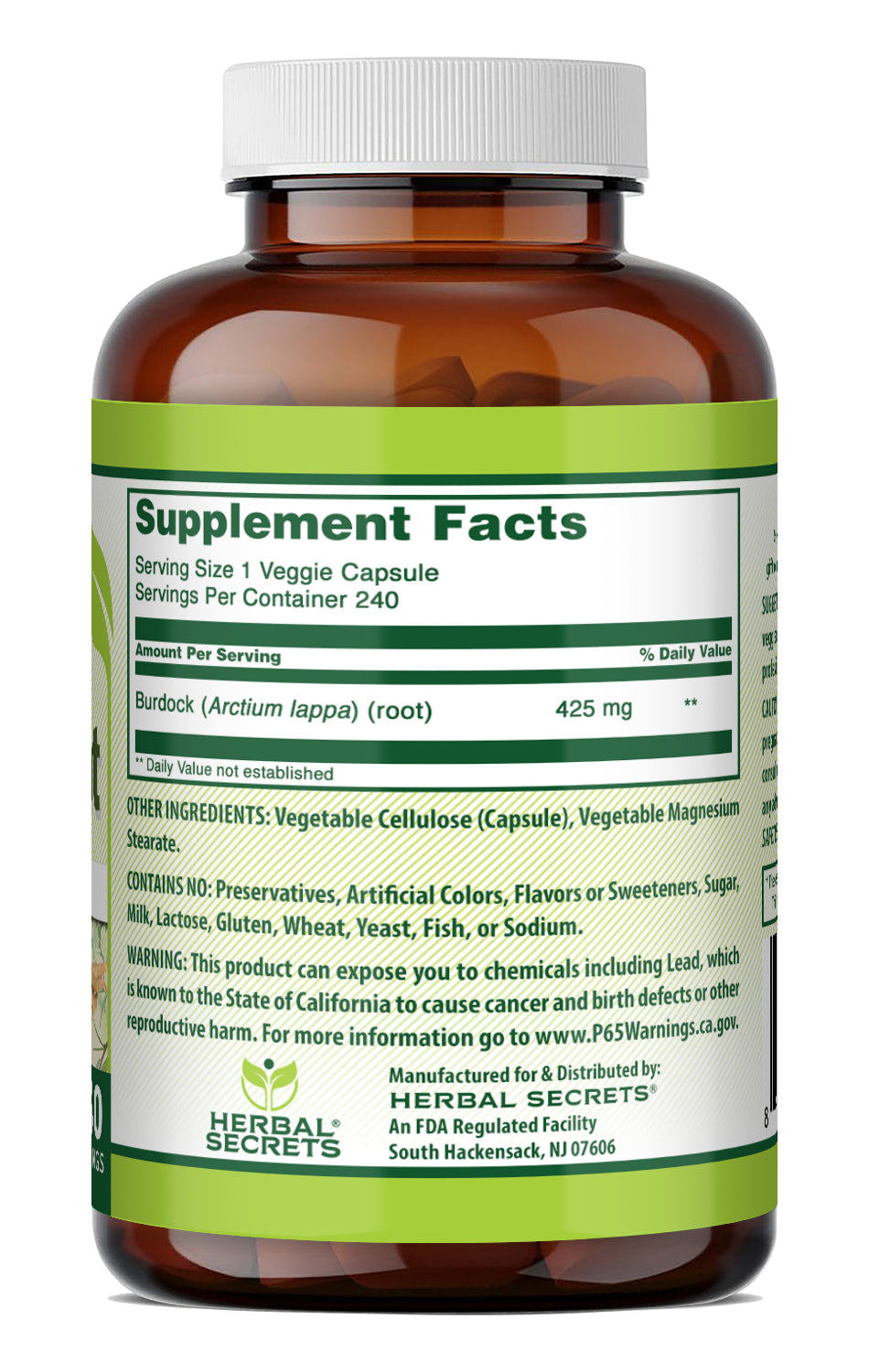 Herbal Secrets Burdock Root (Arctium lappa) 425 Mg | 240 Veggie Capsules