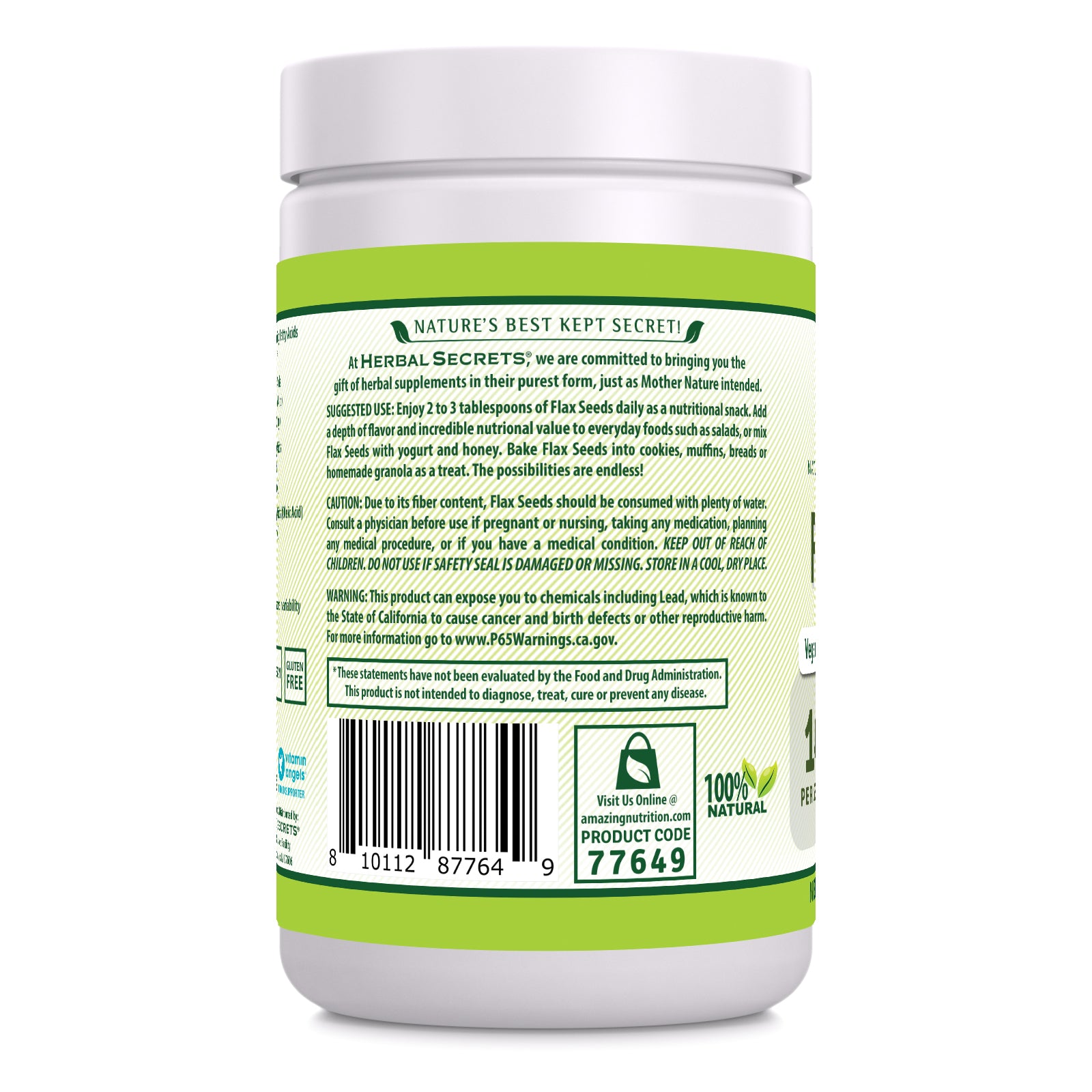 Herbal Secrets Natural Whole Flax Seeds 14 Grams per Serving | Source of Fiber & Omega-3 Fatty Acids | 1 LB (454 G)