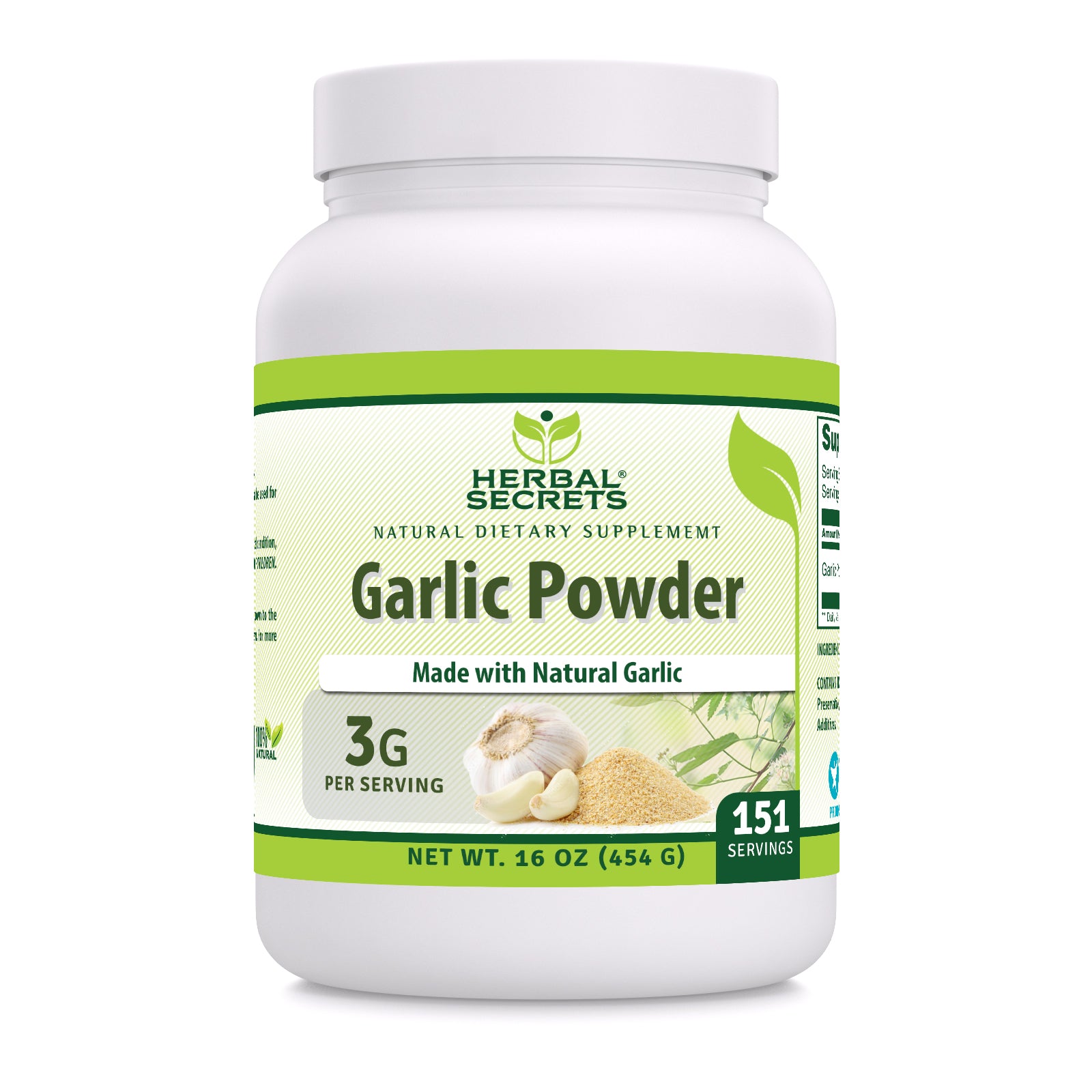 Herbal Secrets Natural Garlic Powder Supplement | 3 Grams | 1 LB (454 Grams) | 151 Servings