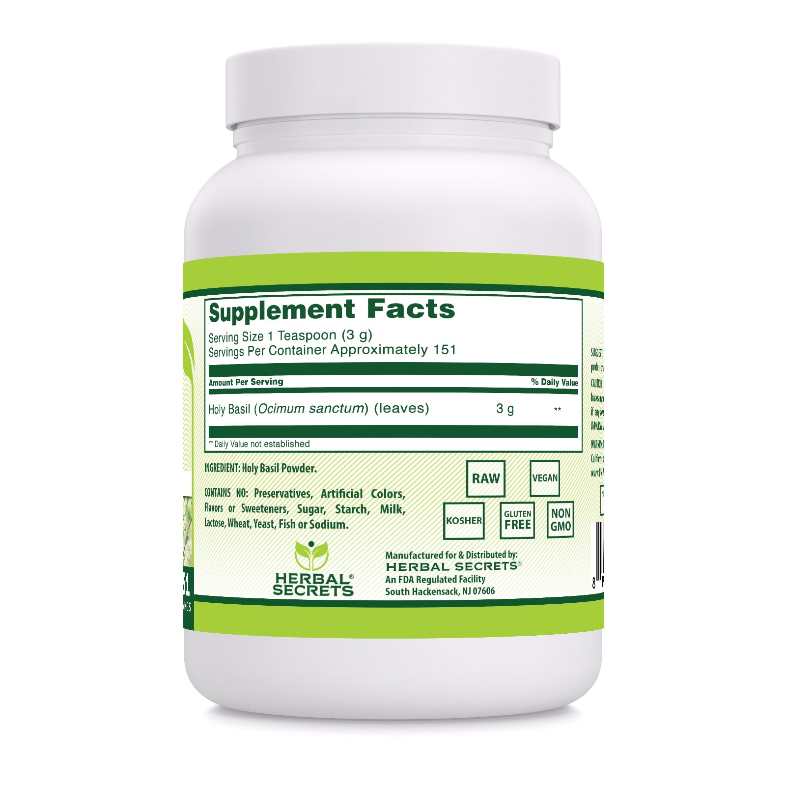Herbal Secrets Holy Basil Powder | 3 Grams per Serving (151 Servings) | 16 Oz (454 G)
