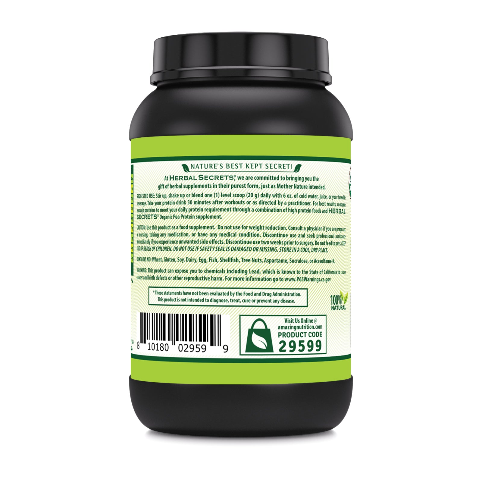 Herbal Secrets Pea Protein Powder | 2 Lb. | 17 Grams Protein per Serving | 34 Servings | USDA Organic