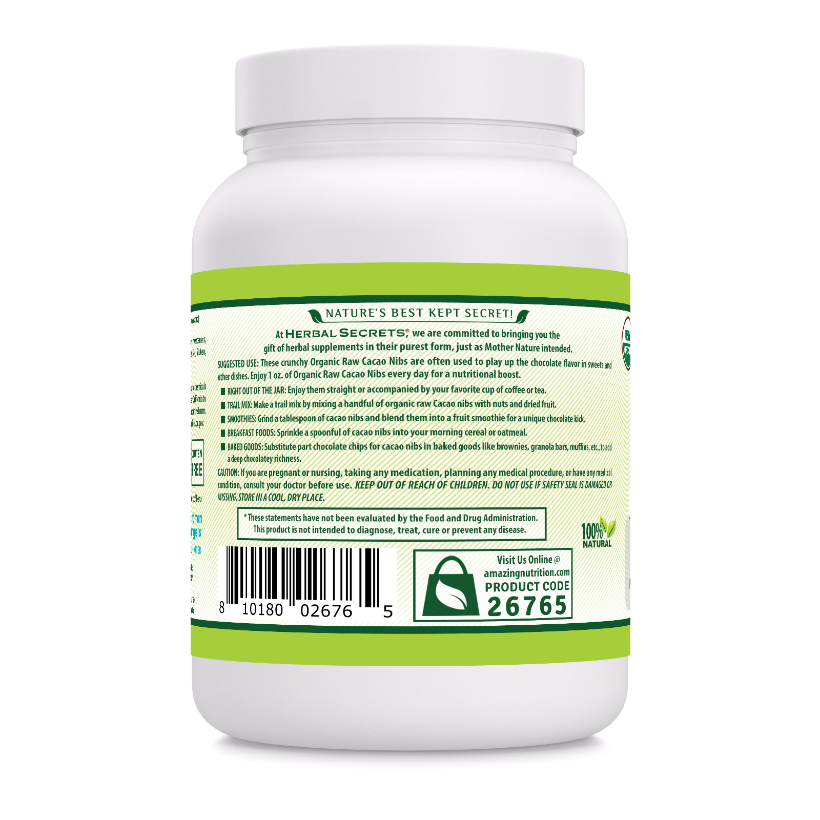 Herbal Secrets Raw Cacao Nibs | 16 Oz | 28 Grams per Serving | 16 Servings | USDA Organic