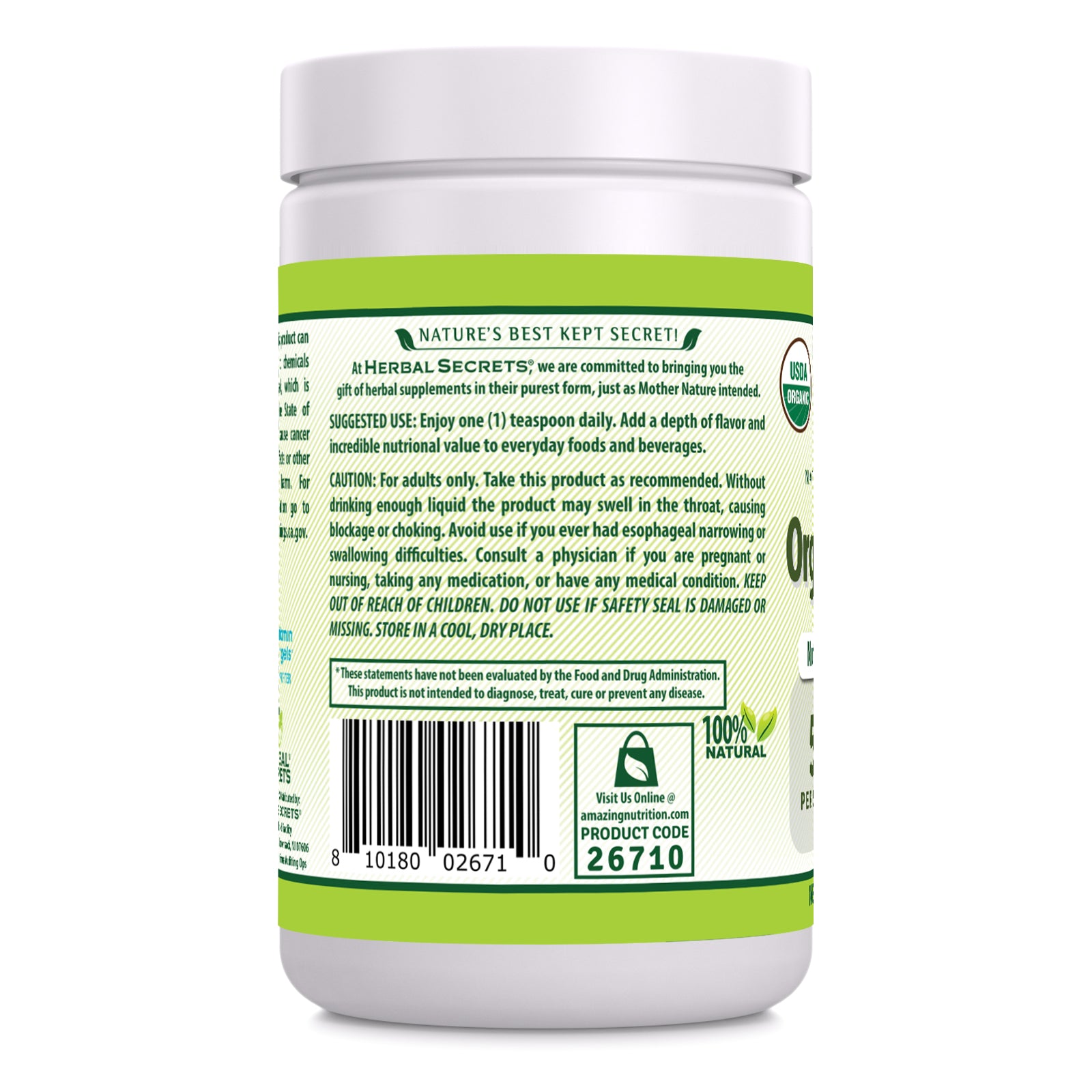 Herbal Secrets Spirulina Powder | 16 Oz | 5 Grams per Serving | 91 Servings | USDA Organic