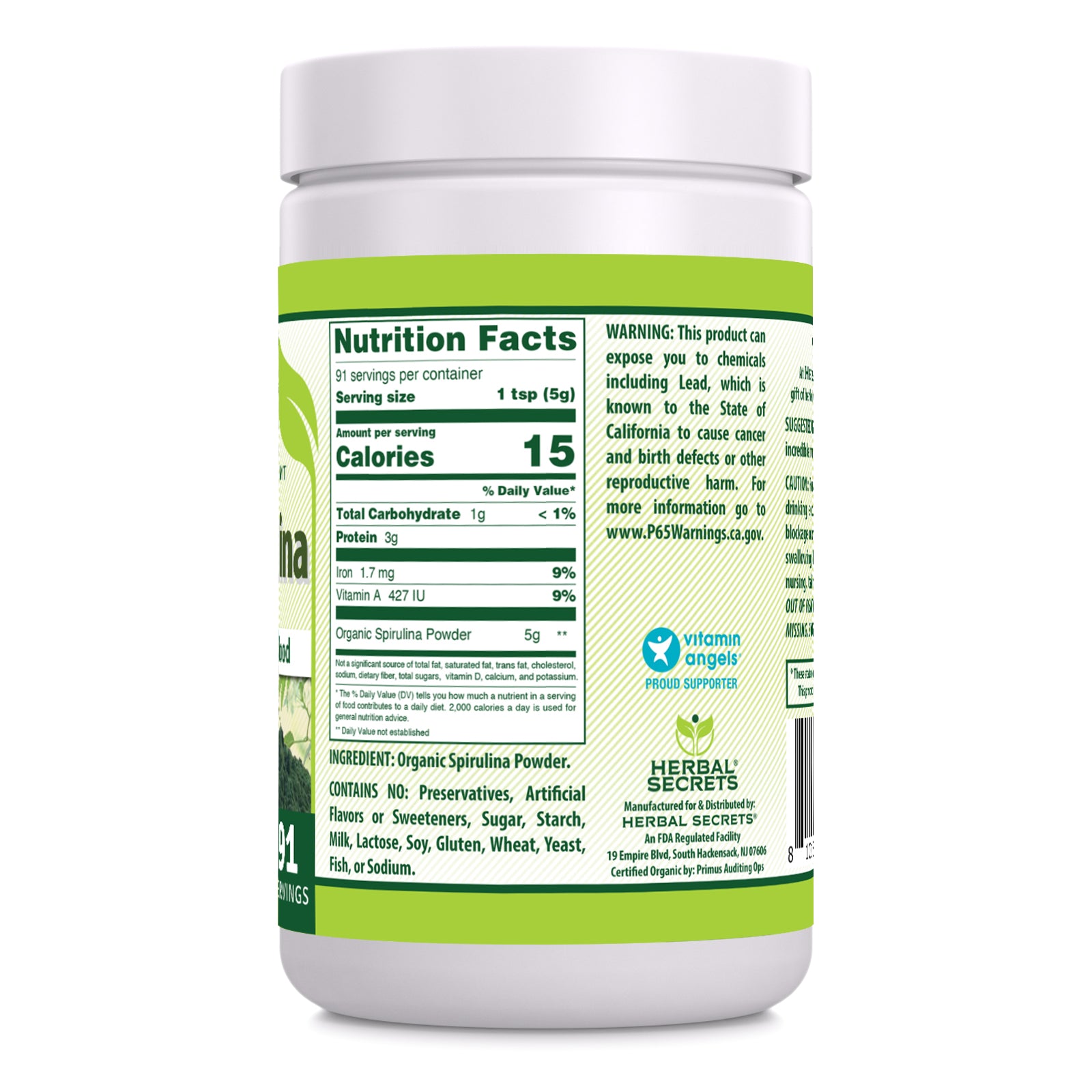 Herbal Secrets Spirulina Powder | 16 Oz | 5 Grams per Serving | 91 Servings | USDA Organic