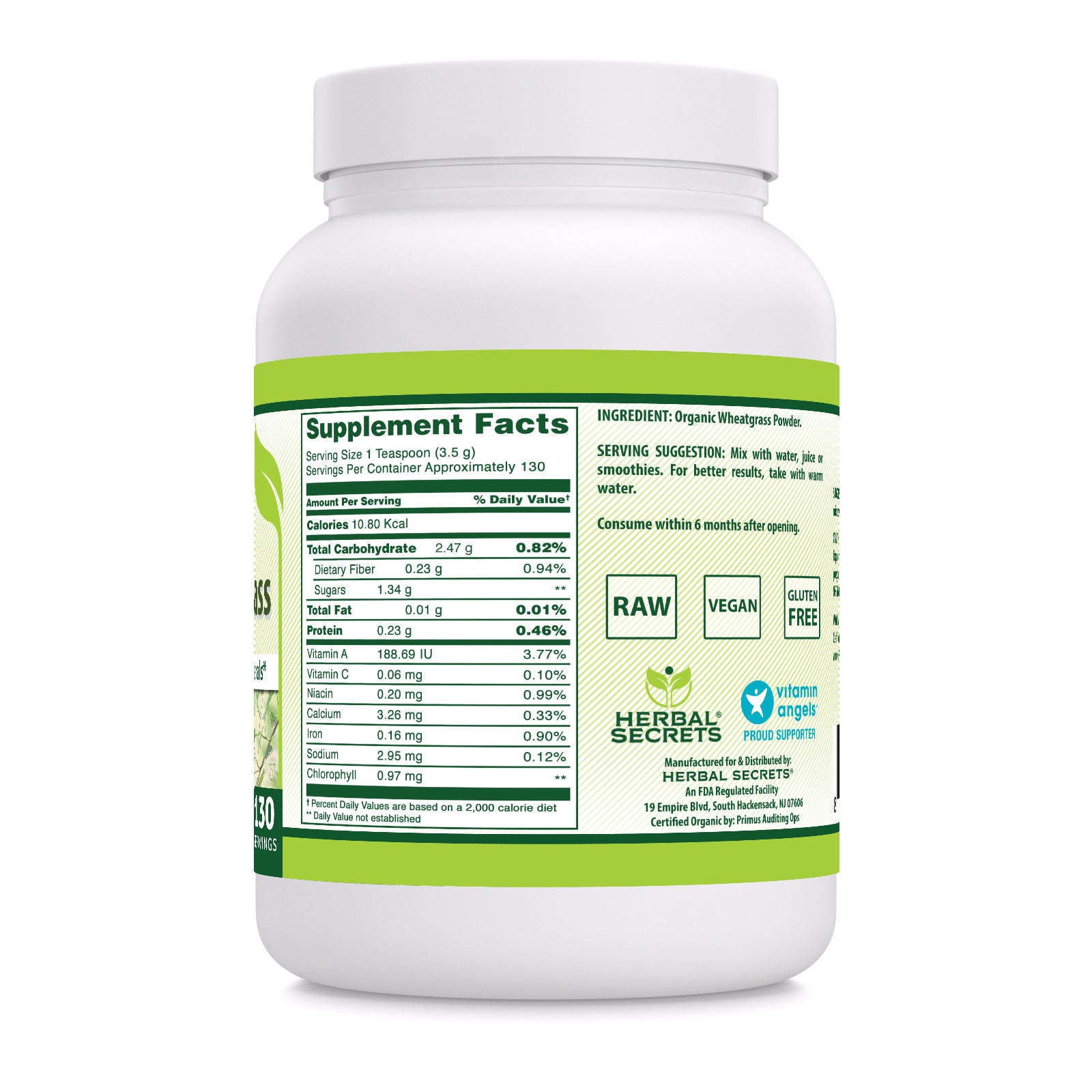 Herbal Secrets Wheatgrass Powder | 16 Oz | 3.5 Grams per Serving | 130 Servings | USDA Organic