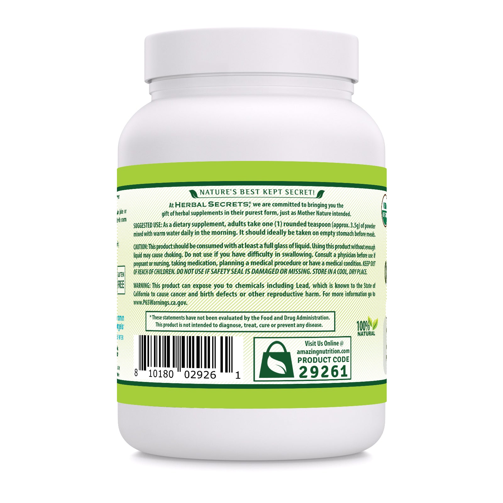 Herbal Secrets Wheatgrass Powder | 16 Oz | 3.5 Grams per Serving | 130 Servings | USDA Organic
