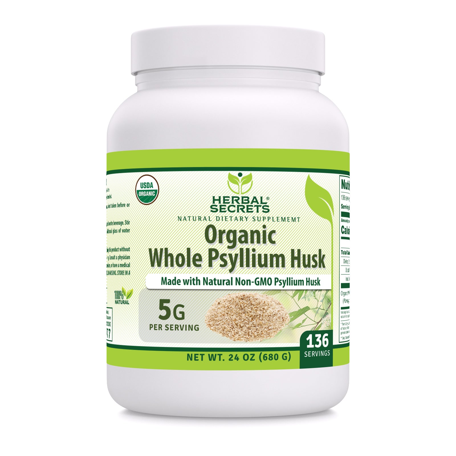 Herbal Secrets Whole Psyllium Husk Powder | 24 Oz | 5 Grams per Serving | 156 Servings | USDA Organic