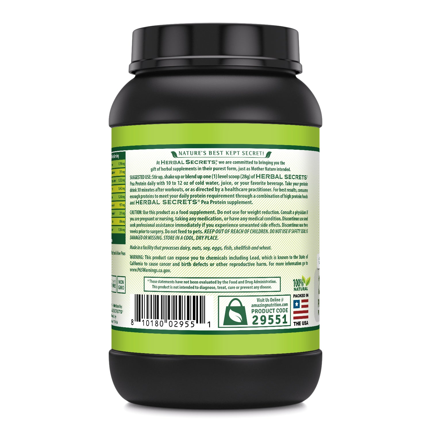 Herbal Secrets Pea Protein Powder | Unflavored | 2 Lb | 24 Grams Protein | 32 Servings
