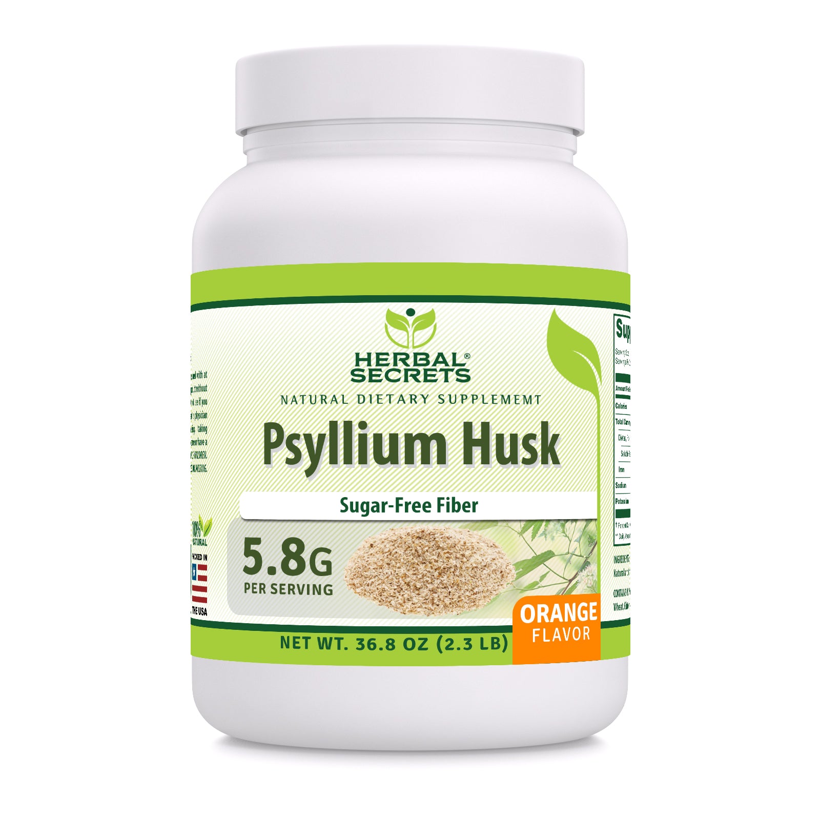 Herbal Secrets Psyllium Husk Powder | Sugar-Free Fiber |  5.8 Grams per Serving | Orange Flavor (36.8 Oz | 2.3 Lb)