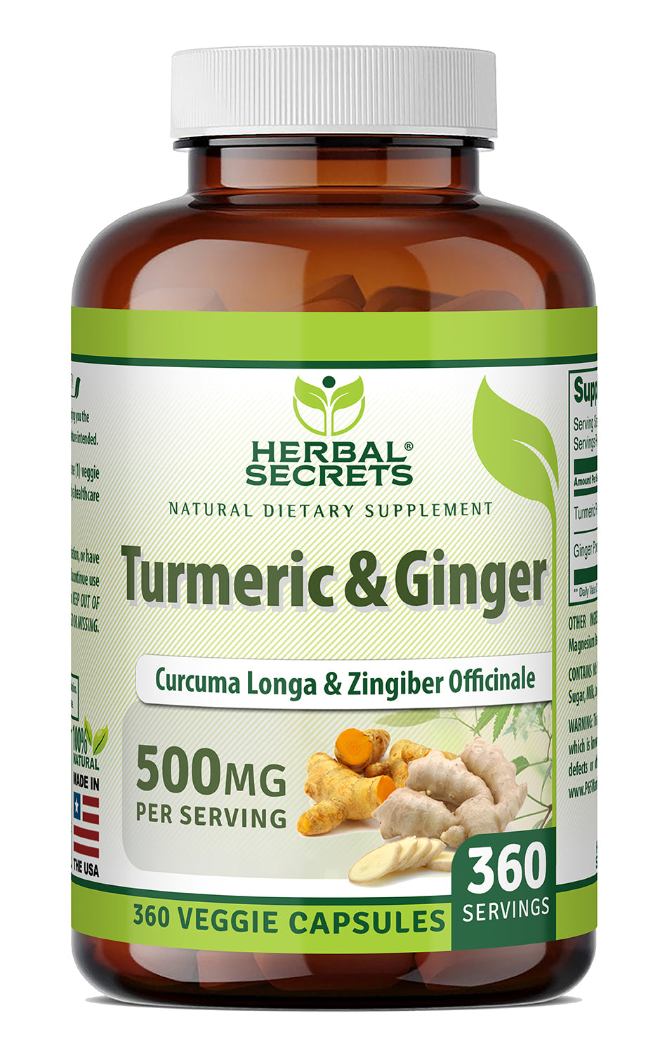 Herbal Secrets Turmeric & Ginger (Curcuma Longa & Zingiber Officinale) 500 Mg | 360 Veggie Capsules