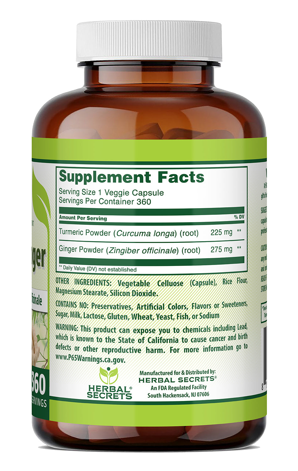 Herbal Secrets Turmeric & Ginger (Curcuma Longa & Zingiber Officinale) 500 Mg | 360 Veggie Capsules