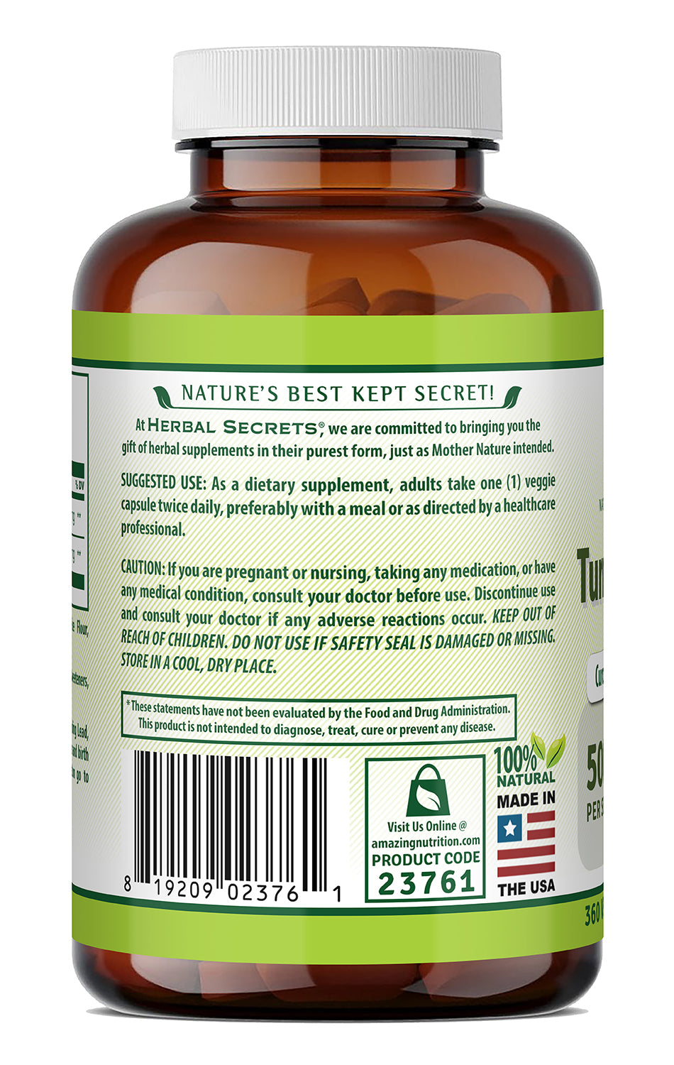 Herbal Secrets Turmeric & Ginger (Curcuma Longa & Zingiber Officinale) 500 Mg | 360 Veggie Capsules
