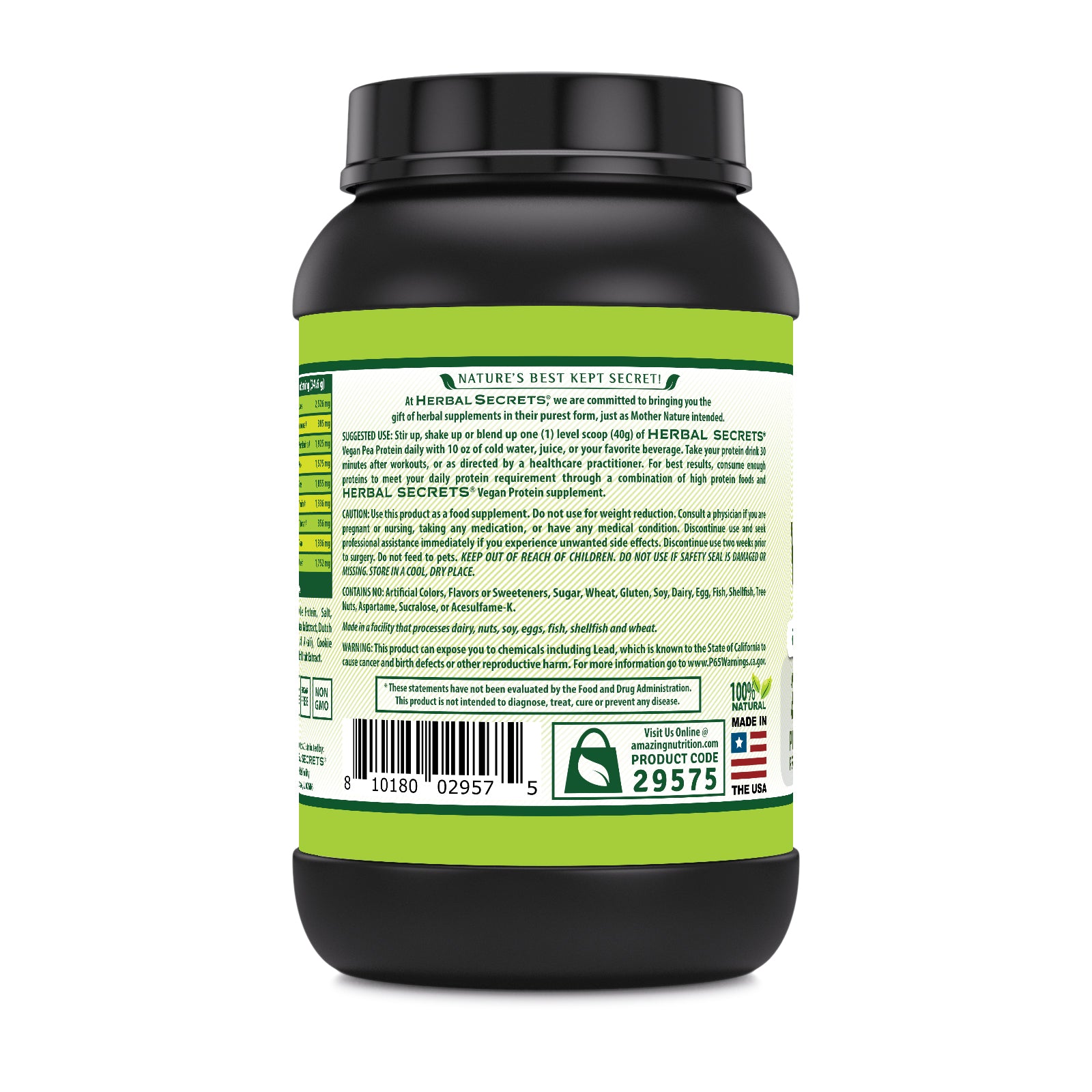 Herbal Secrets Pea Protein Powder | 2 Lb | Cookies & Cream Flavor | 28 Grams Protein | 23 Servings
