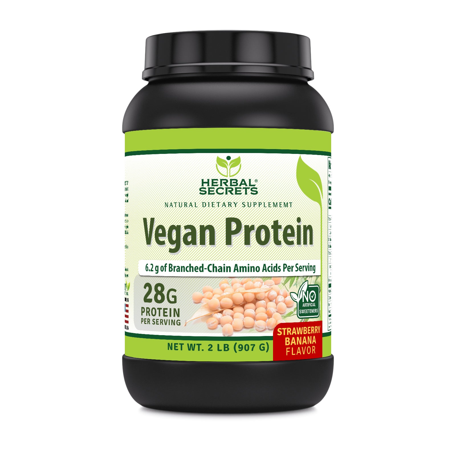 Herbal Secrets Vegan Protein 28 Grams with BCAA 6.2 Grams per Serving | Strawberry Banana Flavor | 2 LB (907 G)