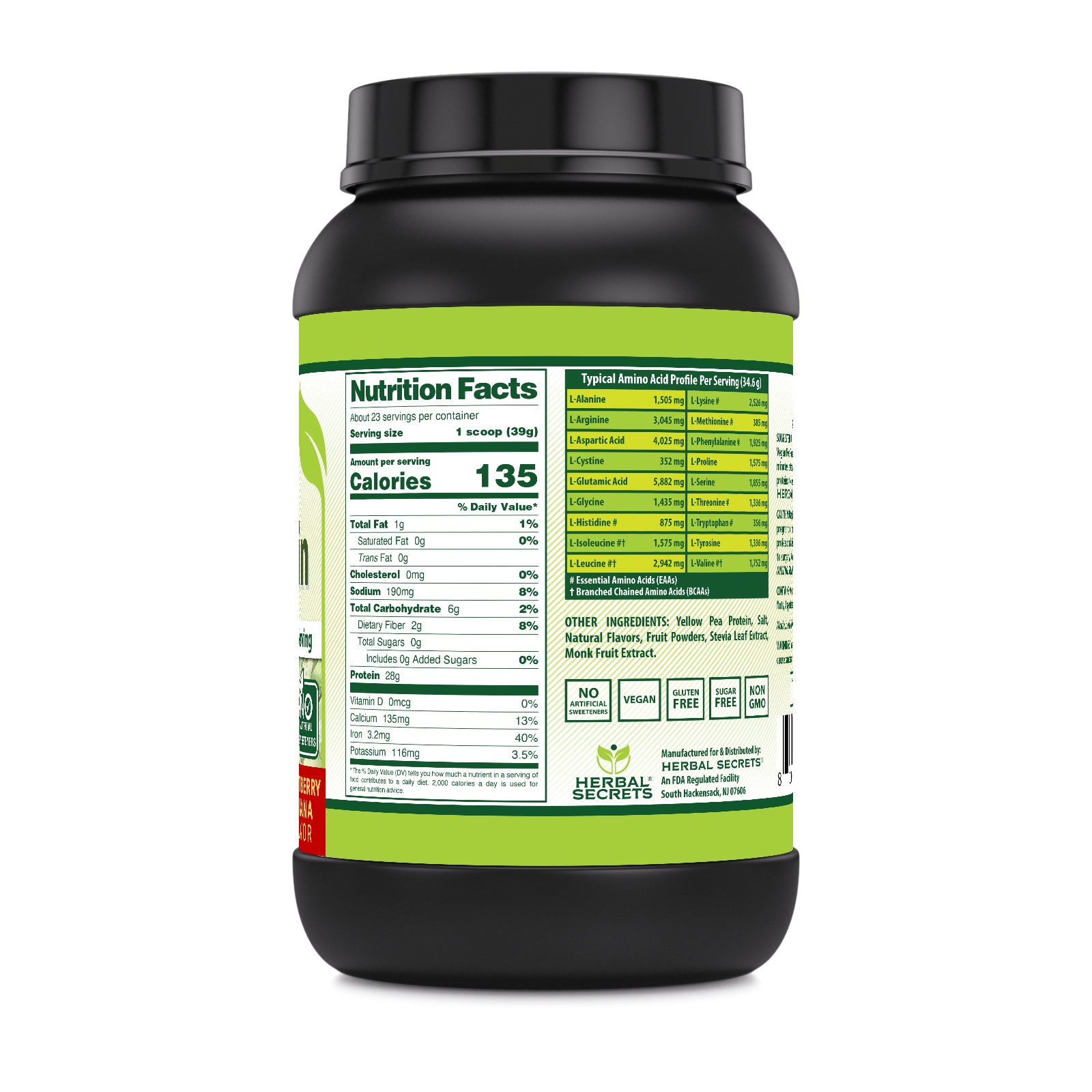 Herbal Secrets Vegan Protein 28 Grams with BCAA 6.2 Grams per Serving | Strawberry Banana Flavor | 2 LB (907 G)