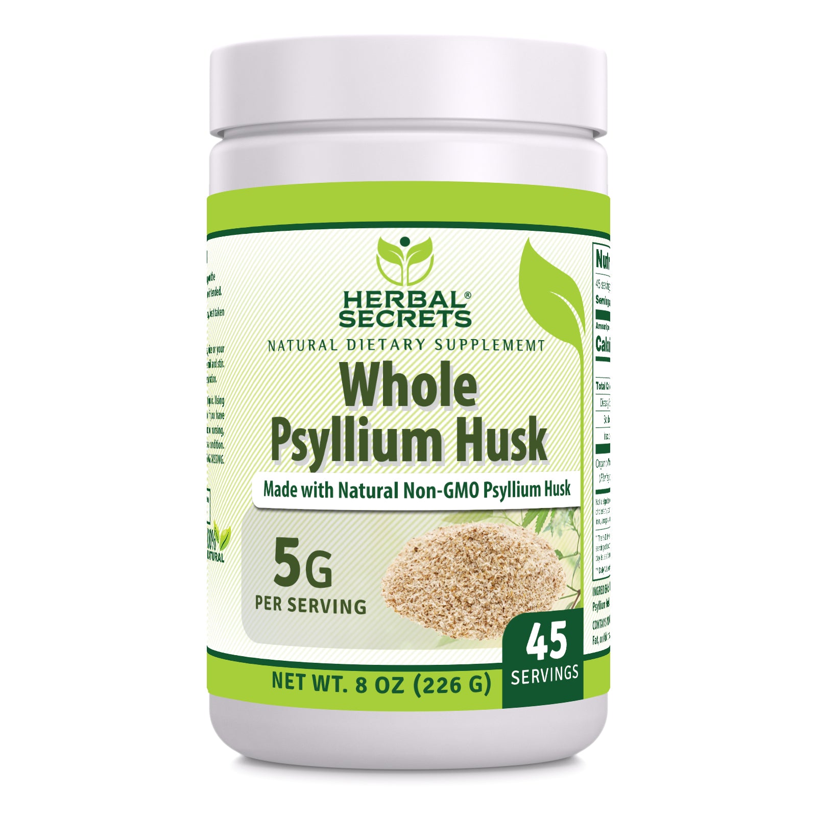 Herbal Secrets Whole Psyllium Husk 5 Grams Powder Supplement | 8 Oz (226 Grams) | 45 Servings