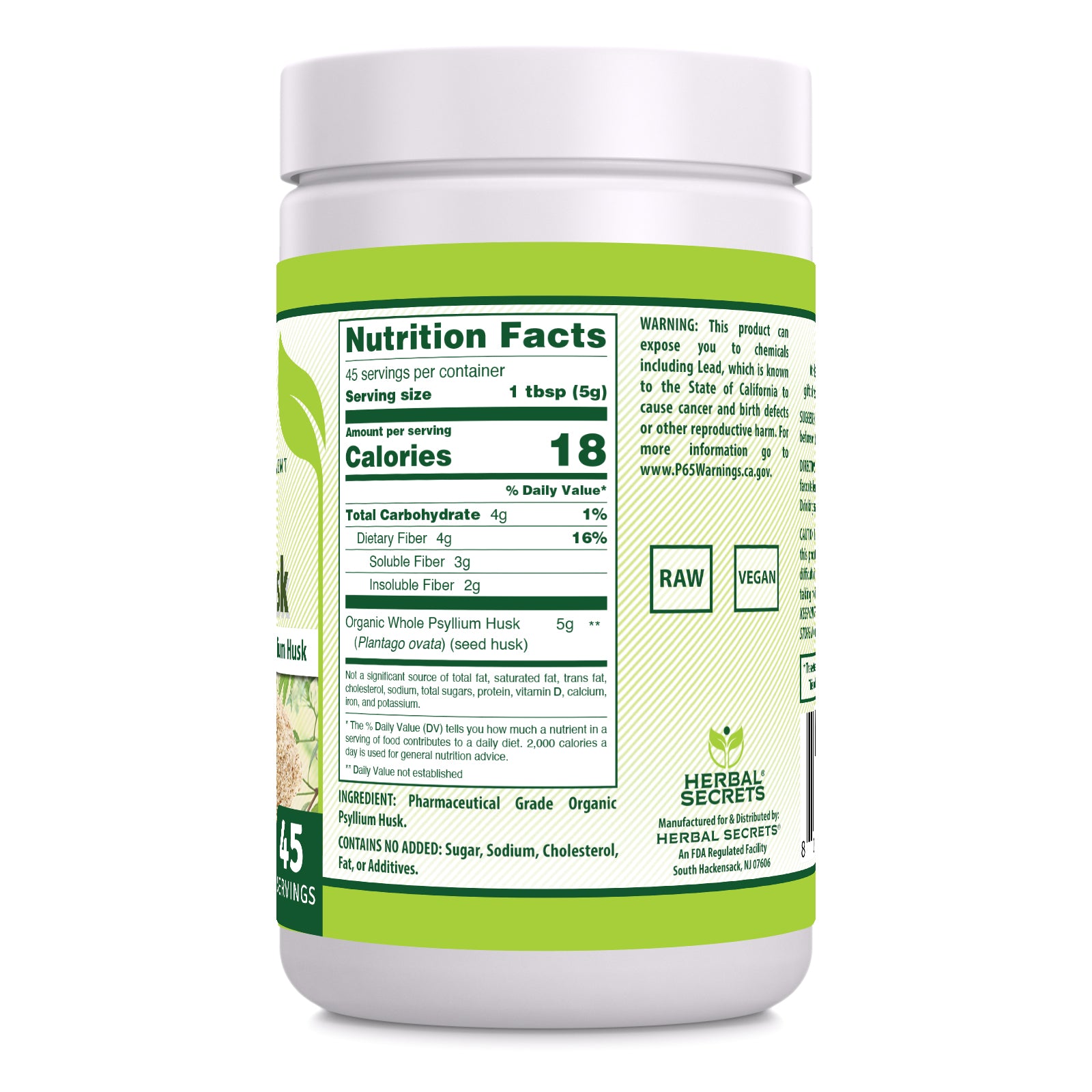 Herbal Secrets Whole Psyllium Husk 5 Grams Powder Supplement | 8 Oz (226 Grams) | 45 Servings