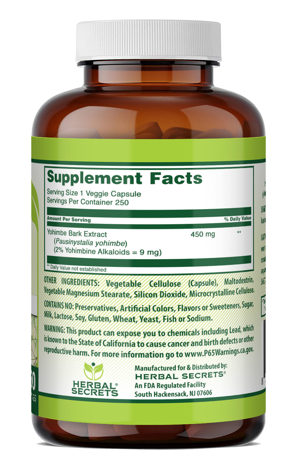 Herbal Secrets Yohimbe Bark Extract 450 Mg | 250  Veggie Capsules